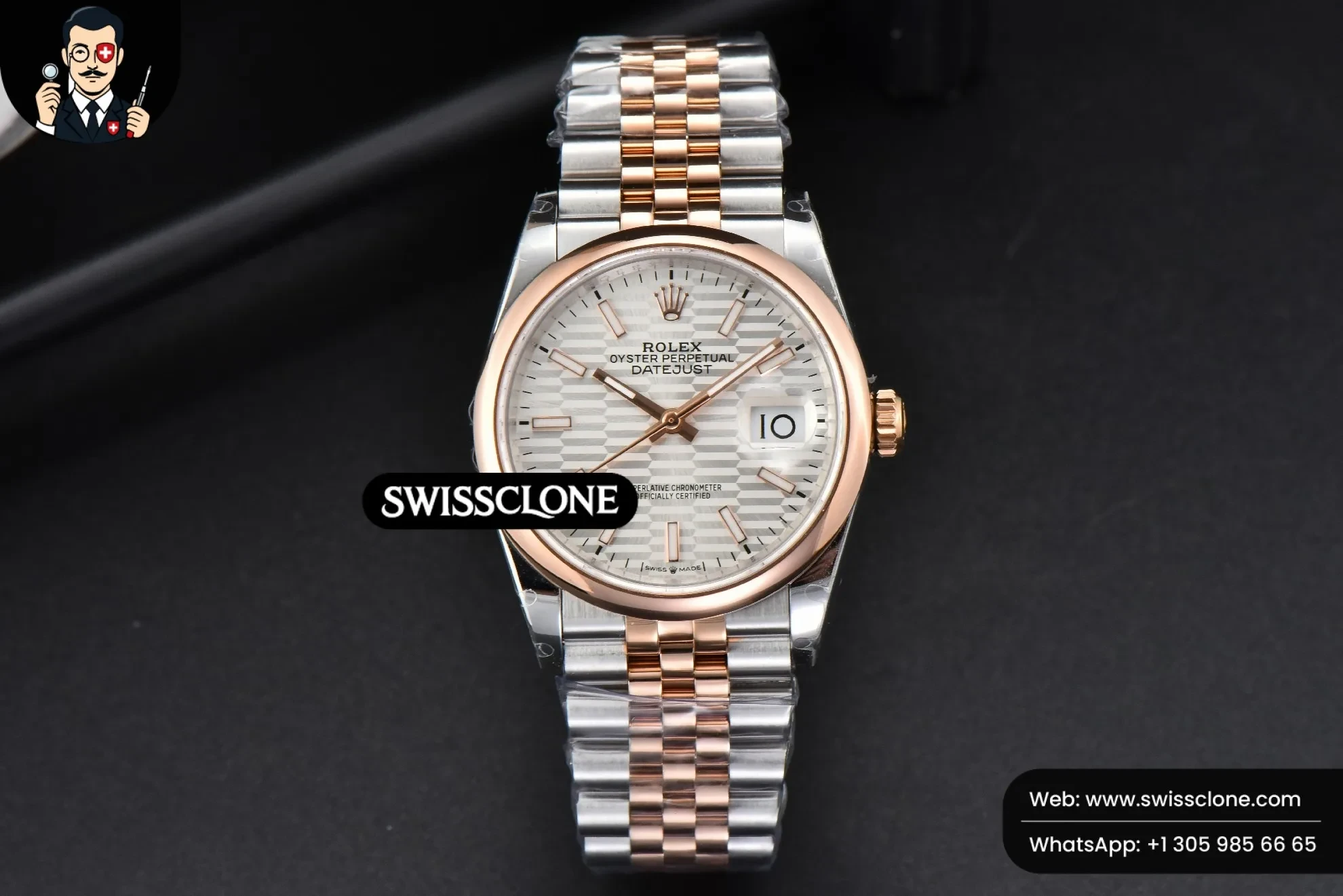 Rolex DateJust 36mm RG/SS Smooth Bezel Silver Motif Dial Jubilee 1:1 Super Clone - Dial Macro Close-Up