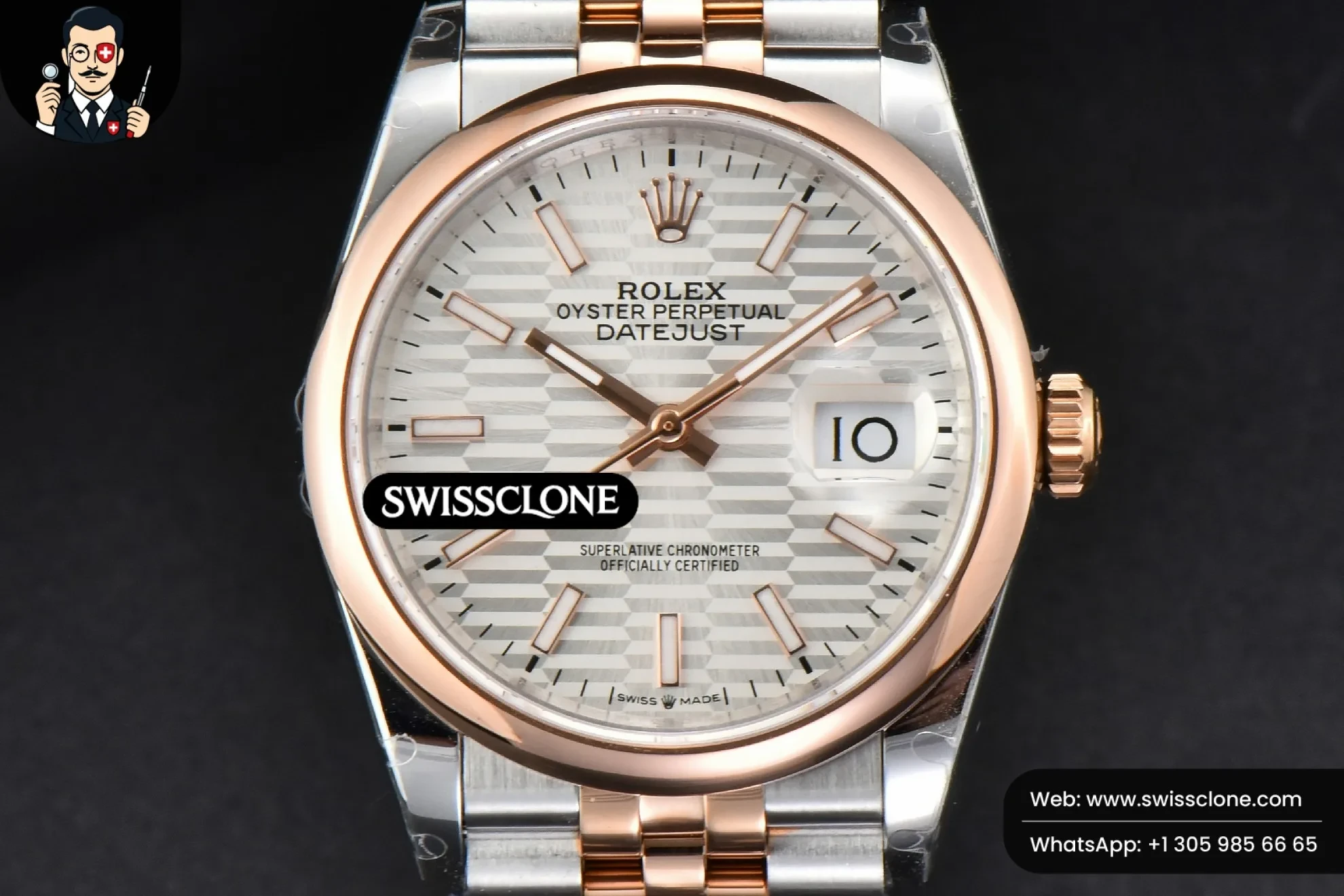 Rolex DateJust 36mm RG/SS Smooth Bezel Silver Motif Dial Jubilee
