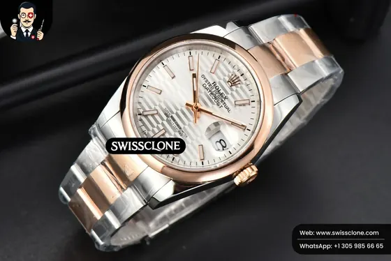 Rolex Datejust 36mm RG/SS Smooth Bezel Silver Motif Dial Oyster 1:1 Super Clone - Bezel & Case Profile