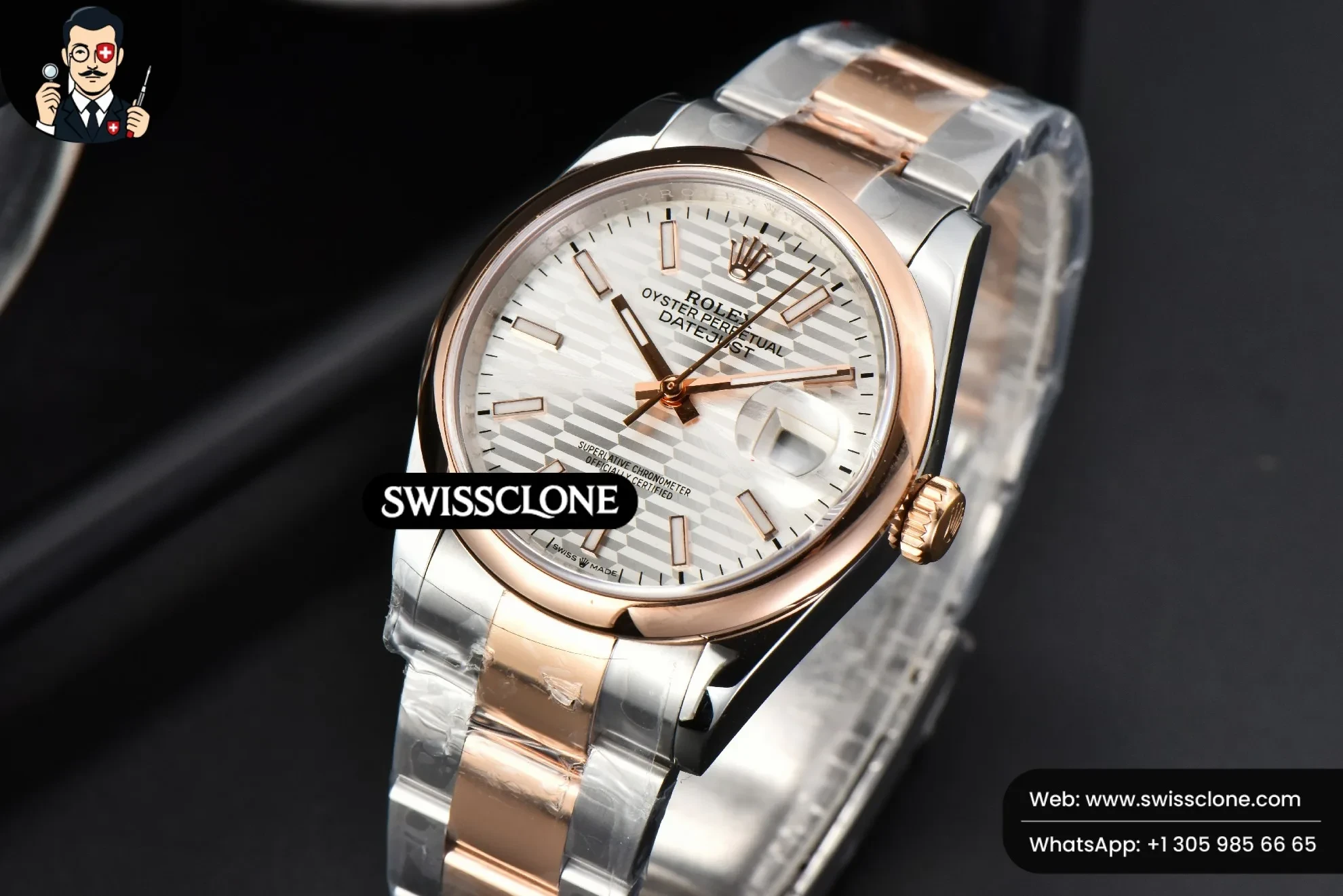 Rolex Datejust 36mm RG/SS Smooth Bezel Silver Motif Dial Oyster 1:1 Super Clone - Clasp & Bracelet Finishing