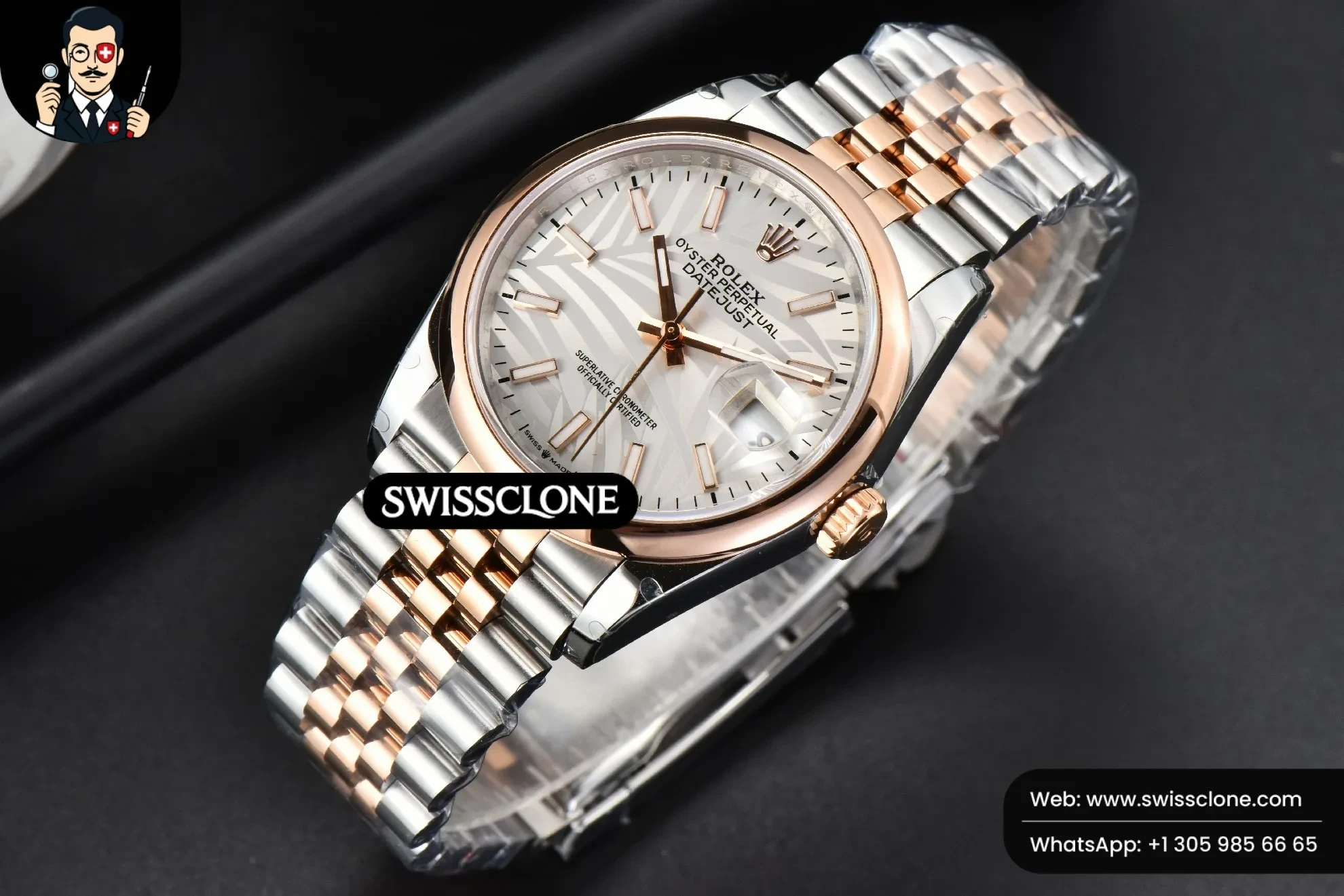 Rolex DateJust 36mm RG/SS Smooth Bezel Silver Plam Dial Jubilee 1:1 Super Clone - Bezel & Case Profile