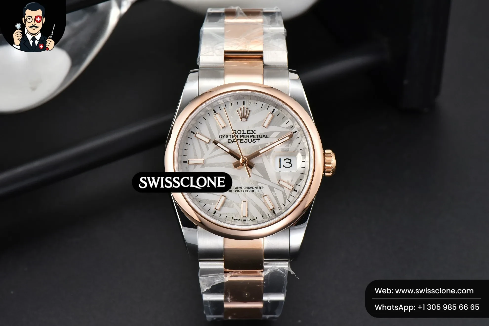 Rolex Datejust 36mm RG/SS Smooth Bezel Silver Plam Dial Oyster 1:1 Super Clone - Dial Macro Close-Up