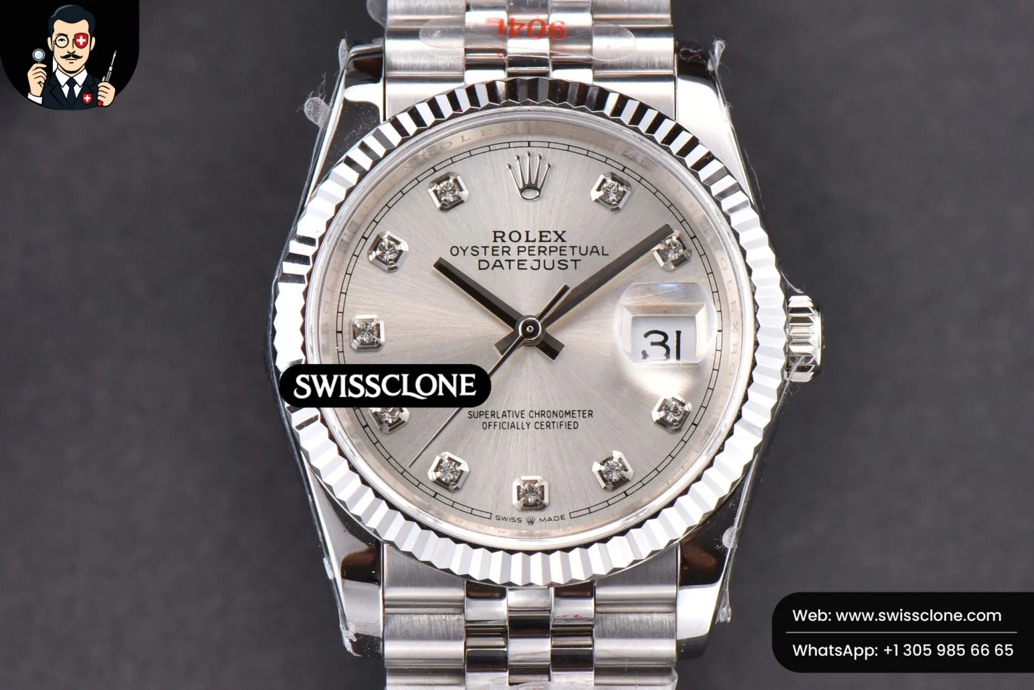 Rolex DateJust 36mm Silver Dial Diamond Marker Jubilee VR3235 1:1 Super Clone - Dial Macro Close-Up