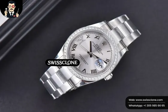 Rolex DateJust 36mm Silver Dial Diamond Roma Marker Diamond Bezel Oyster 1:1 Super Clone - Bezel & Case Profile