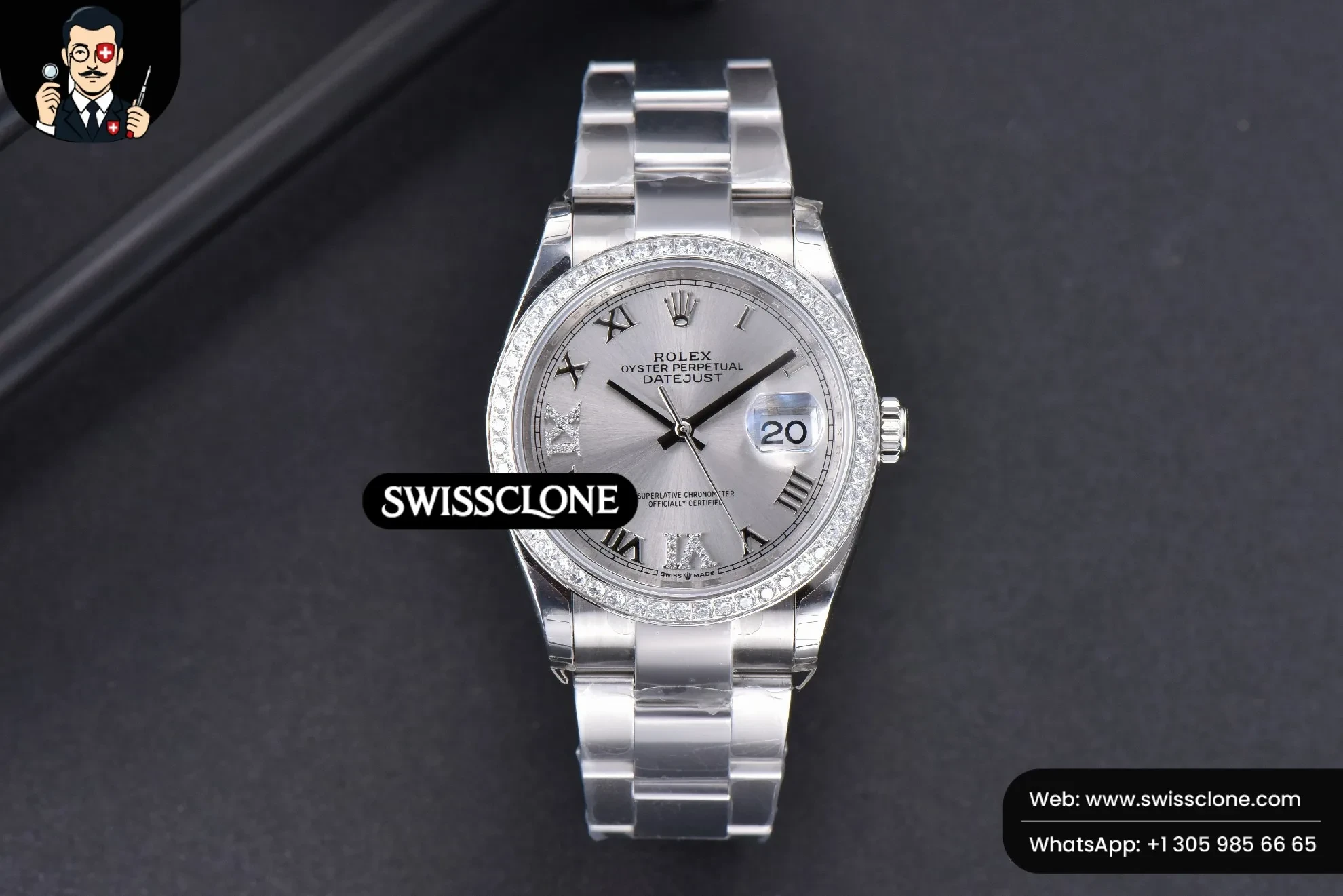 Rolex DateJust 36mm Silver Dial Diamond Roma Marker Diamond Bezel Oyster 1:1 Super Clone - Dial Macro Close-Up