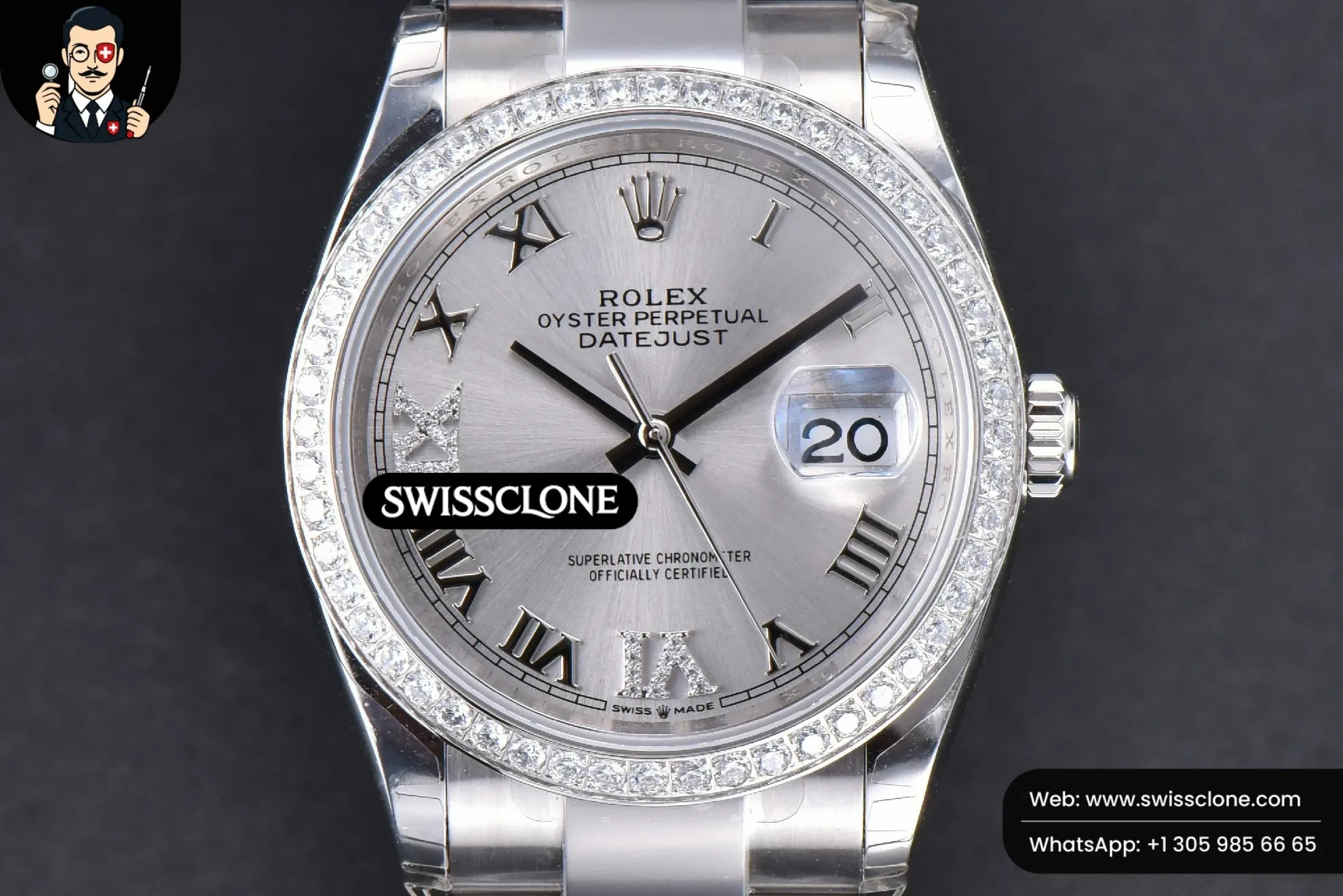 Rolex DateJust 36mm Silver Dial Diamond Roma Marker Diamond Bezel Oyster