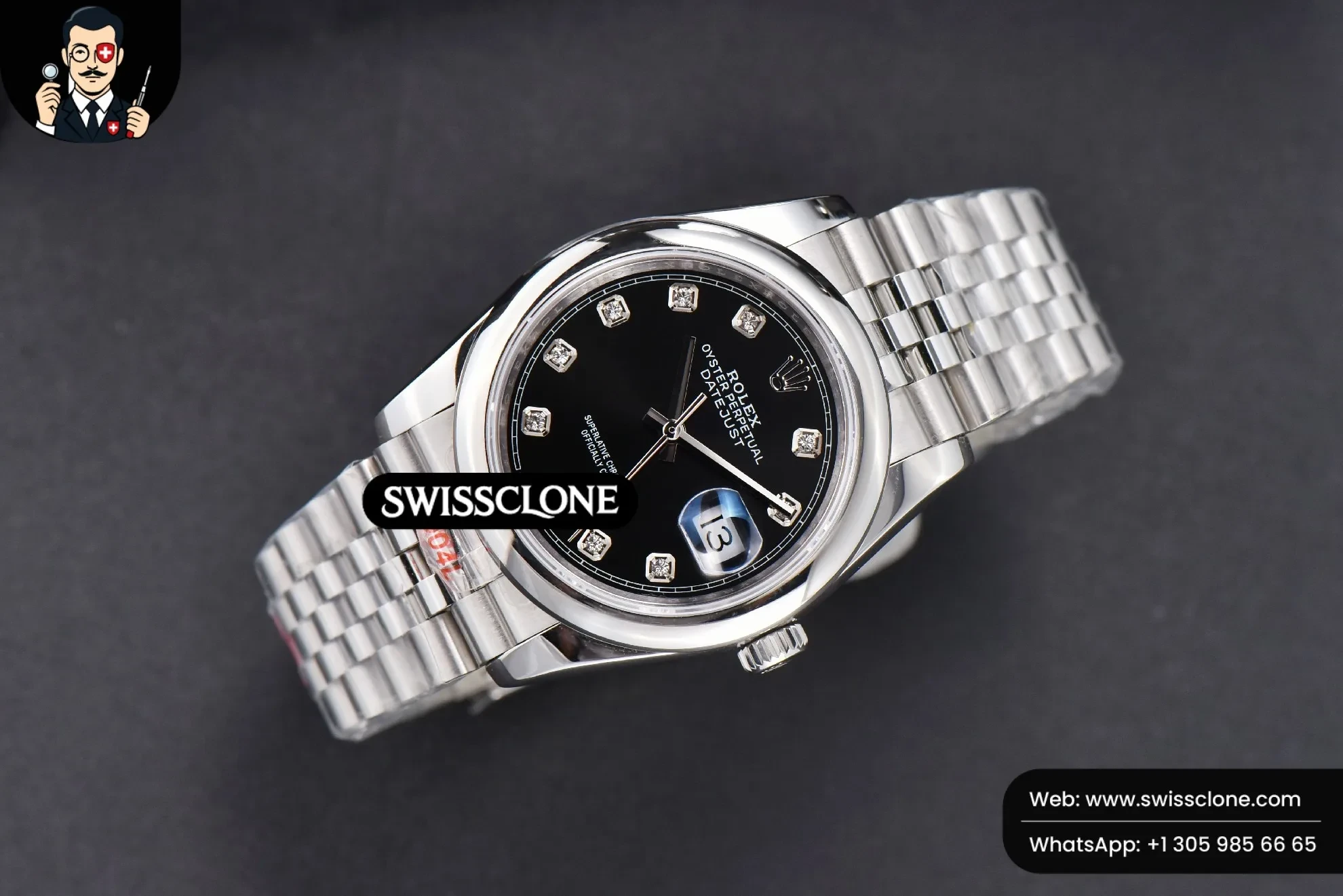 Rolex DateJust 36mm Smooth Bezel Black Dial Diamond Marker Jubilee VR3235 1:1 Super Clone - Dial Macro Close-Up