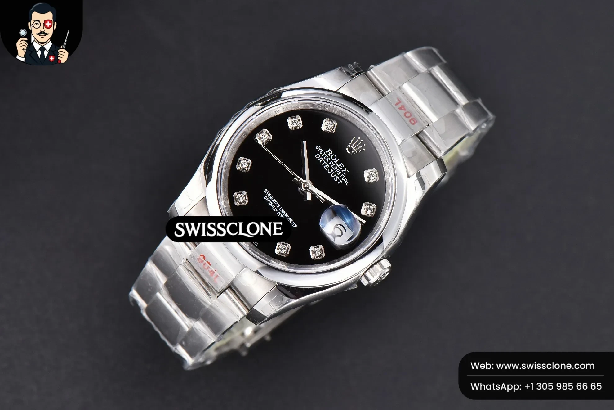 Rolex DateJust 36mm Smooth Bezel Black Dial Diamond Marker Oyster VR3235 1:1 Super Clone - Dial Macro Close-Up