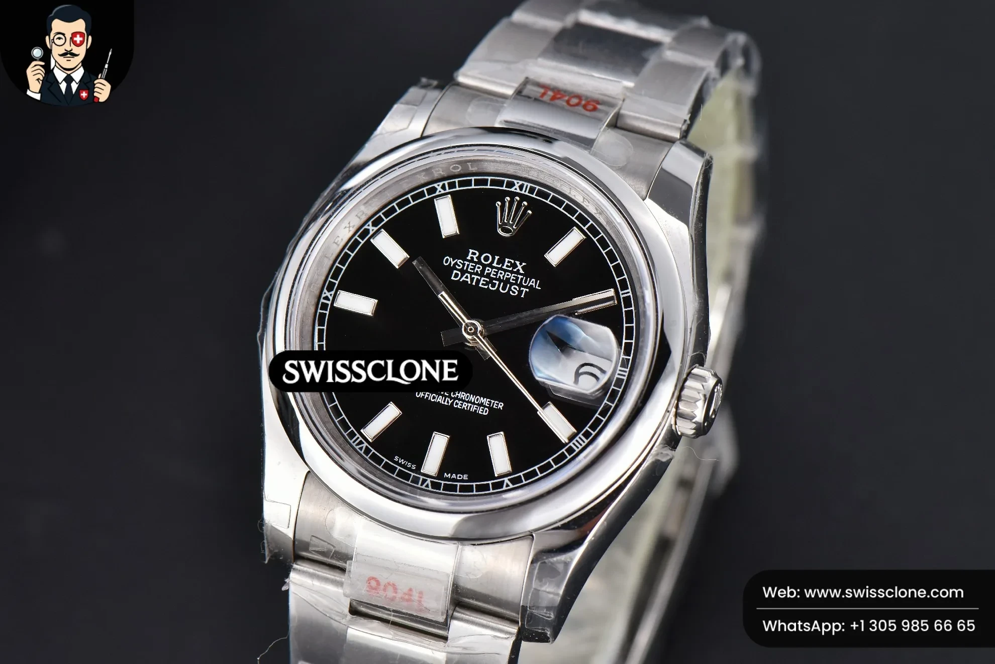 Rolex DateJust 36mm Smooth Bezel Black Dial Lume Marker Oyster VR3235 1:1 Super Clone - Dial Macro Close-Up