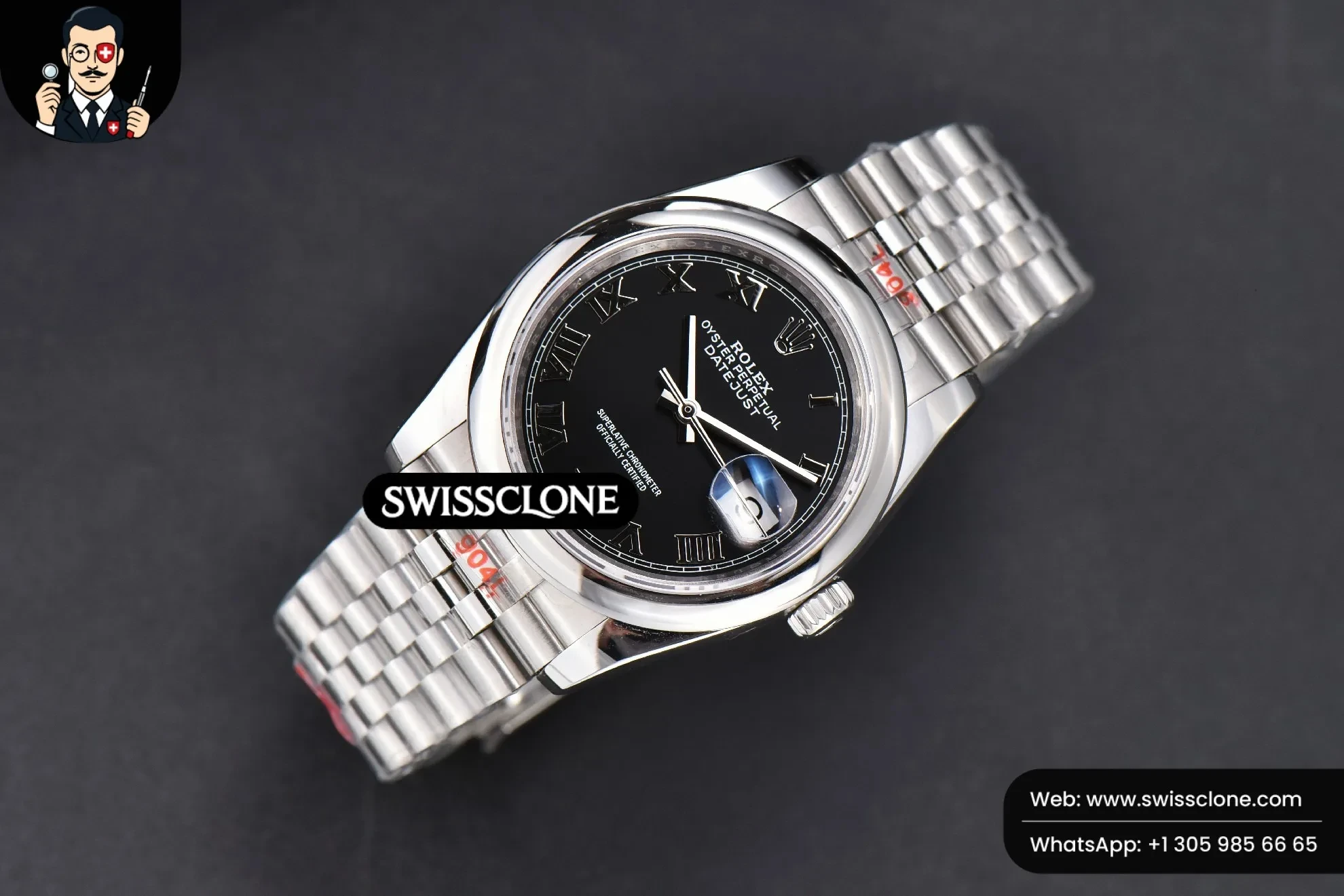 Rolex DateJust 36mm Smooth Bezel Black Dial Roma Marker Jubilee VR3235 1:1 Super Clone - Dial Macro Close-Up