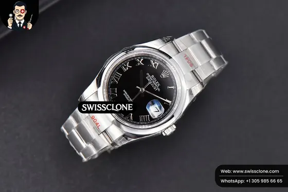 Rolex DateJust 36mm Smooth Bezel Black Dial Roma Marker Oyster VR3235 1:1 Super Clone - Dial Macro Close-Up