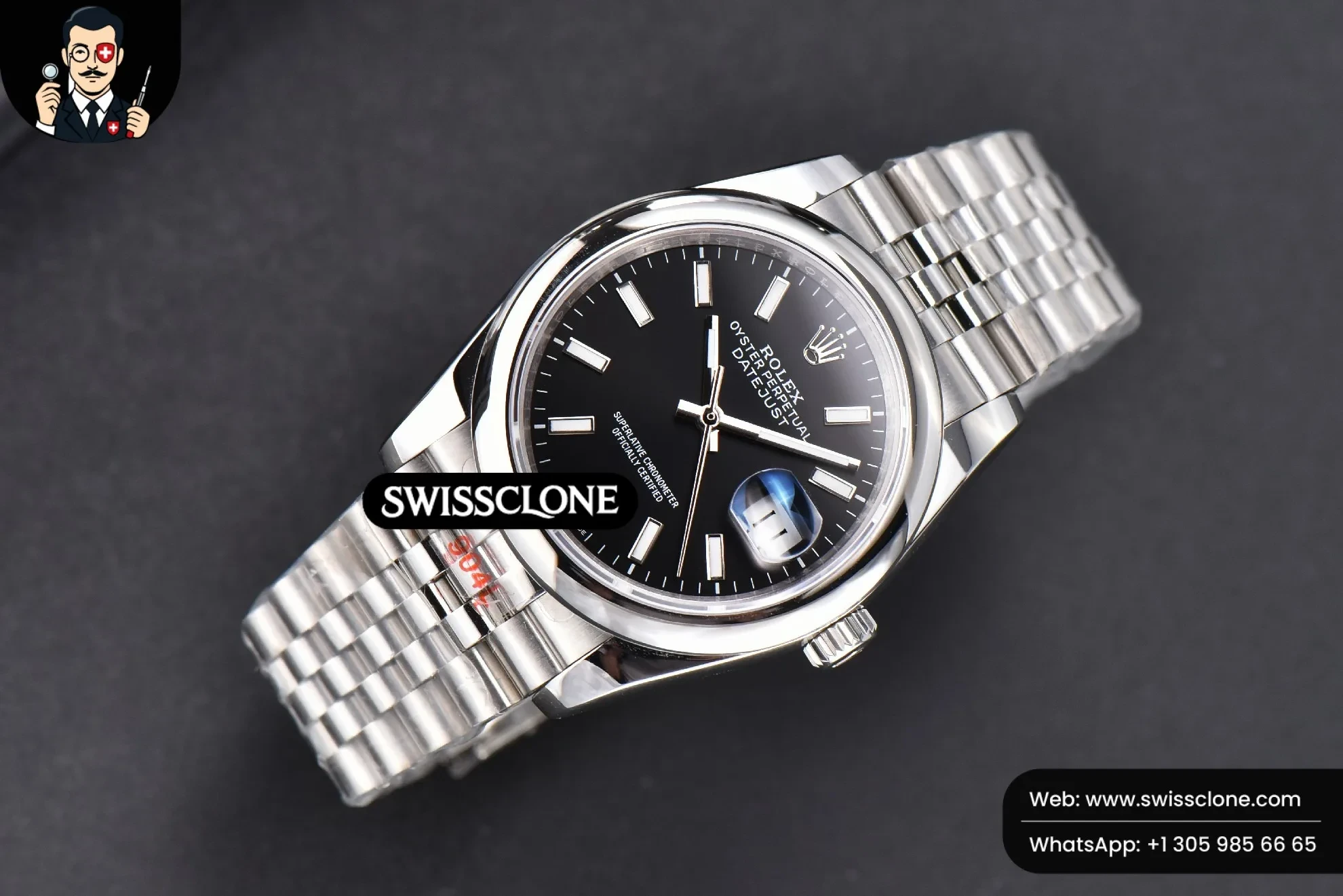 Rolex DateJust 36mm Smooth Bezel Black Dial Stick Marker Jubilee VR3235 1:1 Super Clone - Dial Macro Close-Up