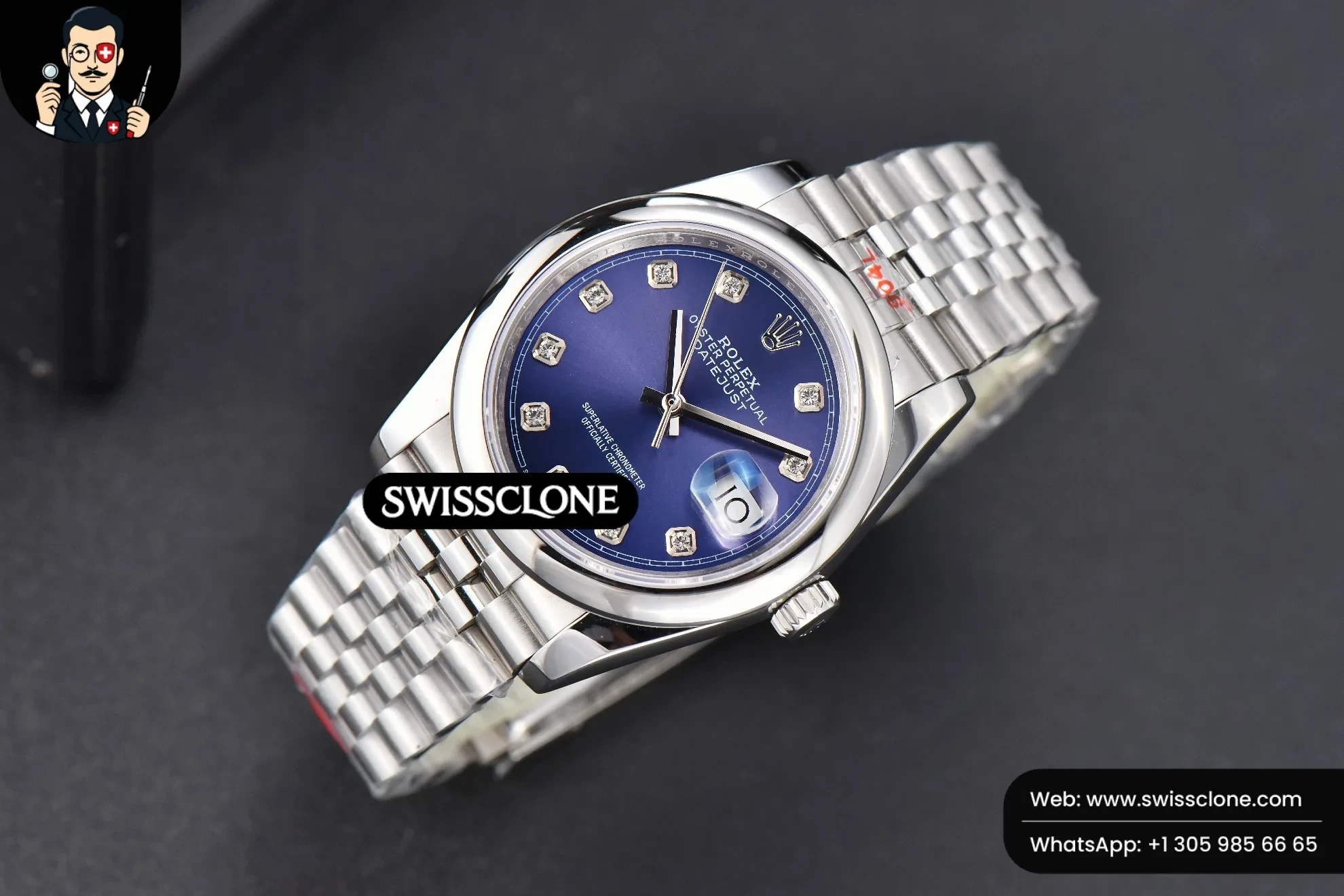 Rolex DateJust 36mm Smooth Bezel Blue Dial Diamond Roma Marker Jubilee VR3235 1:1 Super Clone - Dial Macro Close-Up