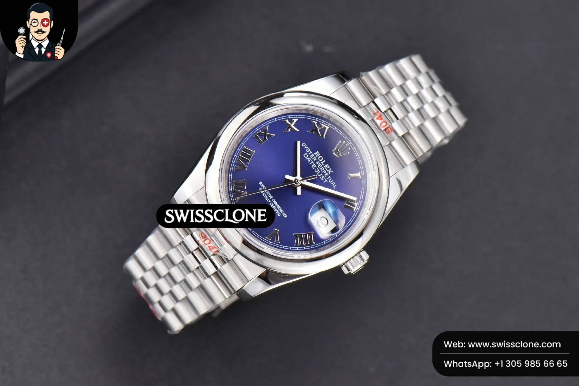 Rolex DateJust 36mm Smooth Bezel Blue Dial Roma Marker Jubilee VR3235 1:1 Super Clone - Dial Macro Close-Up