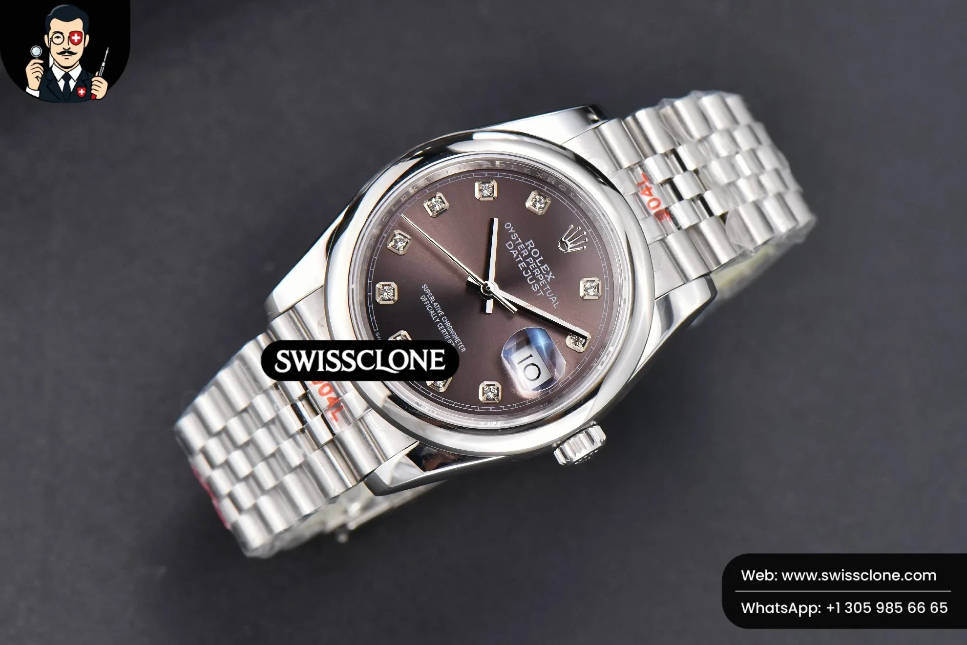 Rolex DateJust 36mm Smooth Bezel Gray Dial Diamond Marker Jubilee VR3235 1:1 Super Clone - Dial Macro Close-Up