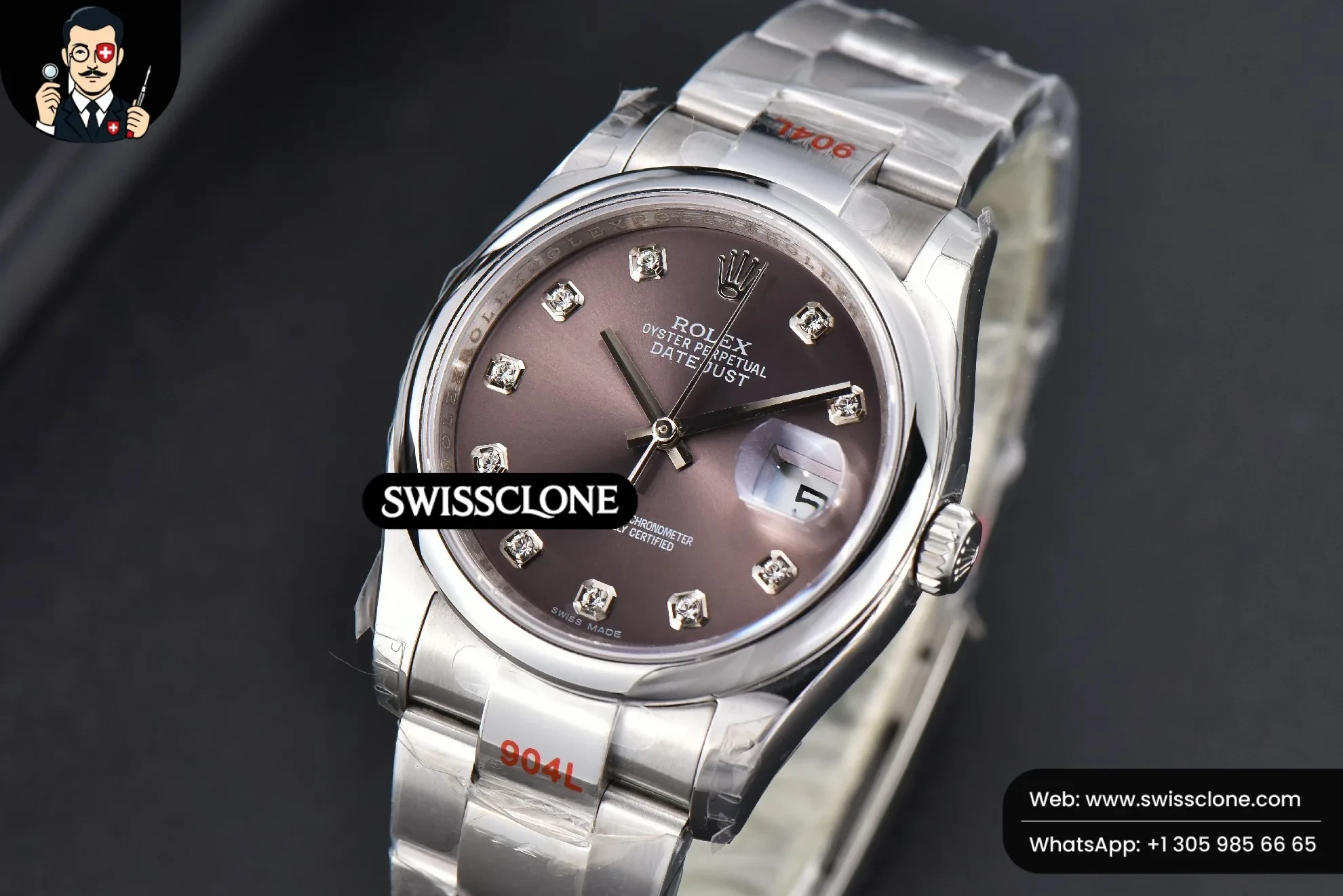 Rolex DateJust 36mm Smooth Bezel Gray Dial Diamond Marker Oyster VR3235 1:1 Super Clone - Bezel & Case Profile