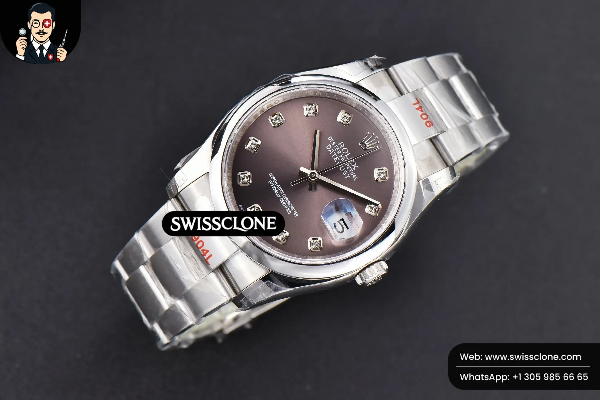Rolex DateJust 36mm Smooth Bezel Gray Dial Diamond Marker Oyster VR3235 1:1 Super Clone - Dial Macro Close-Up
