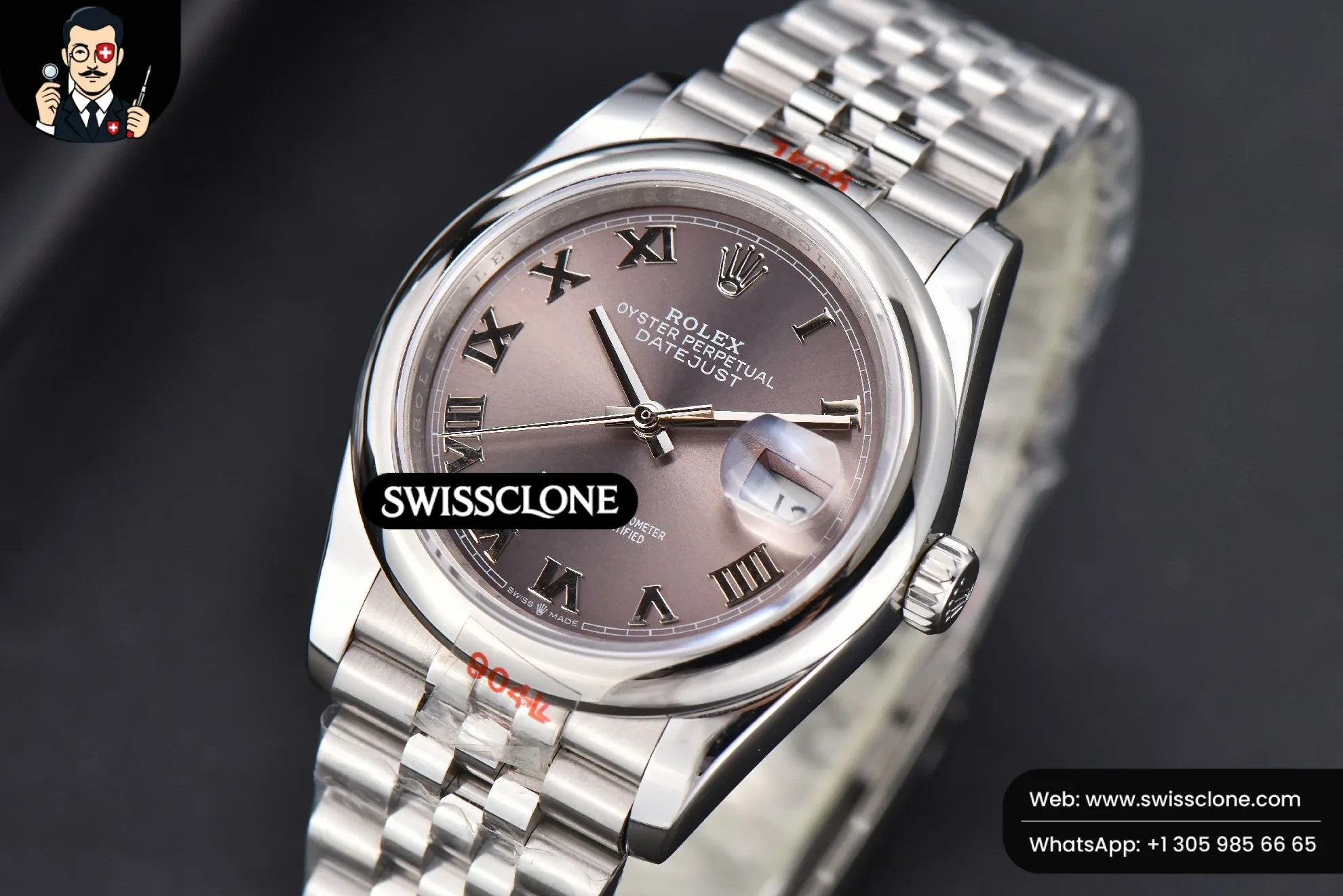 Rolex DateJust 36mm Smooth Bezel Gray Dial Roma Marker Jubilee VR3235 1:1 Super Clone - Bezel & Case Profile