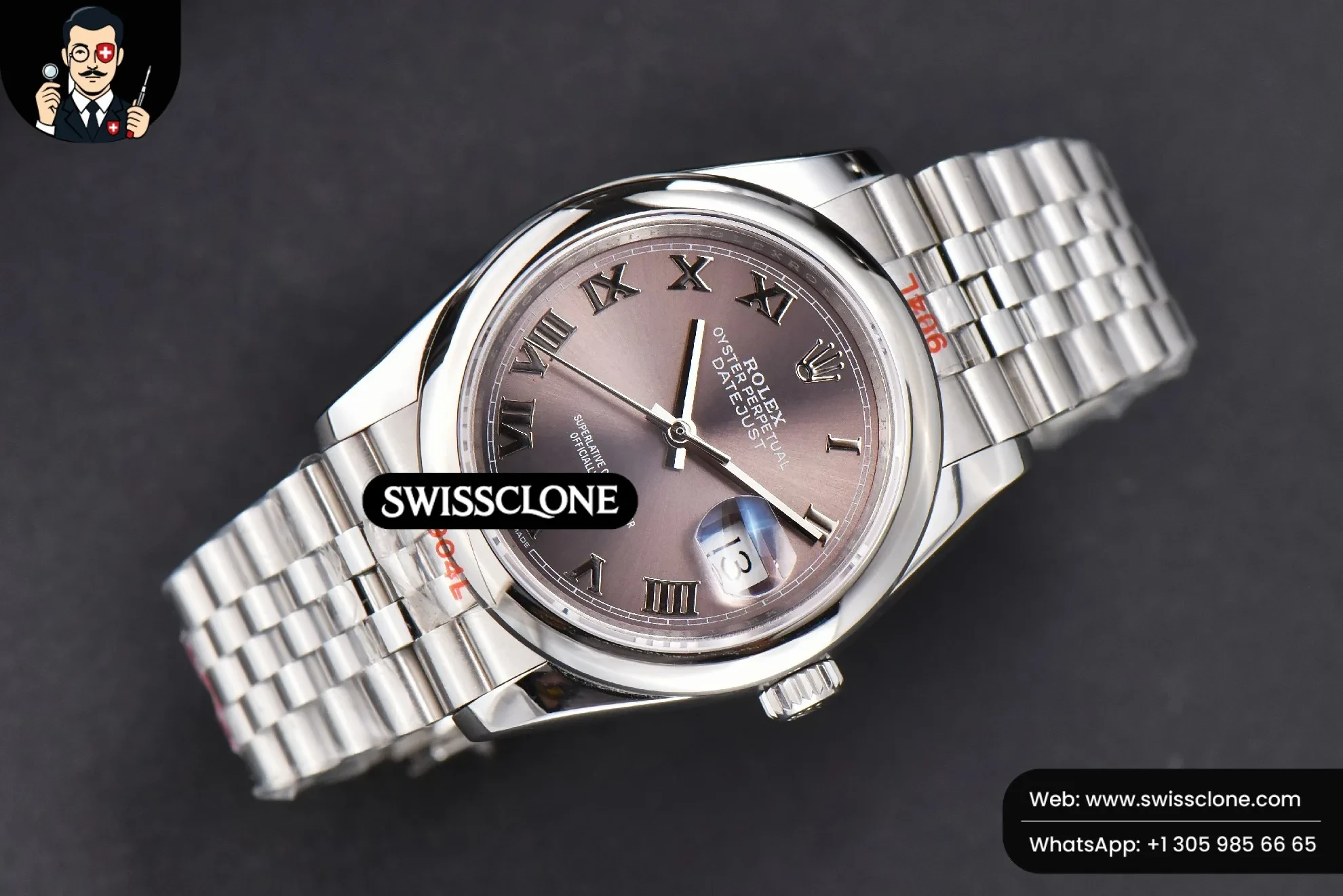Rolex DateJust 36mm Smooth Bezel Gray Dial Roma Marker Jubilee VR3235 1:1 Super Clone - Dial Macro Close-Up