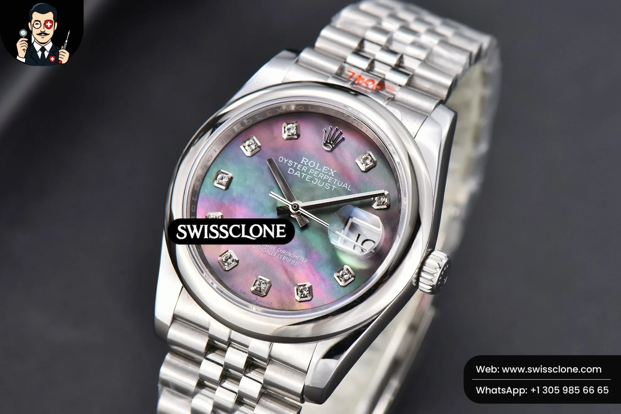Rolex DateJust 36mm Smooth Bezel Gray MOP Dial Diamond Marker Jubilee VR3235 1:1 Super Clone - Bezel & Case Profile
