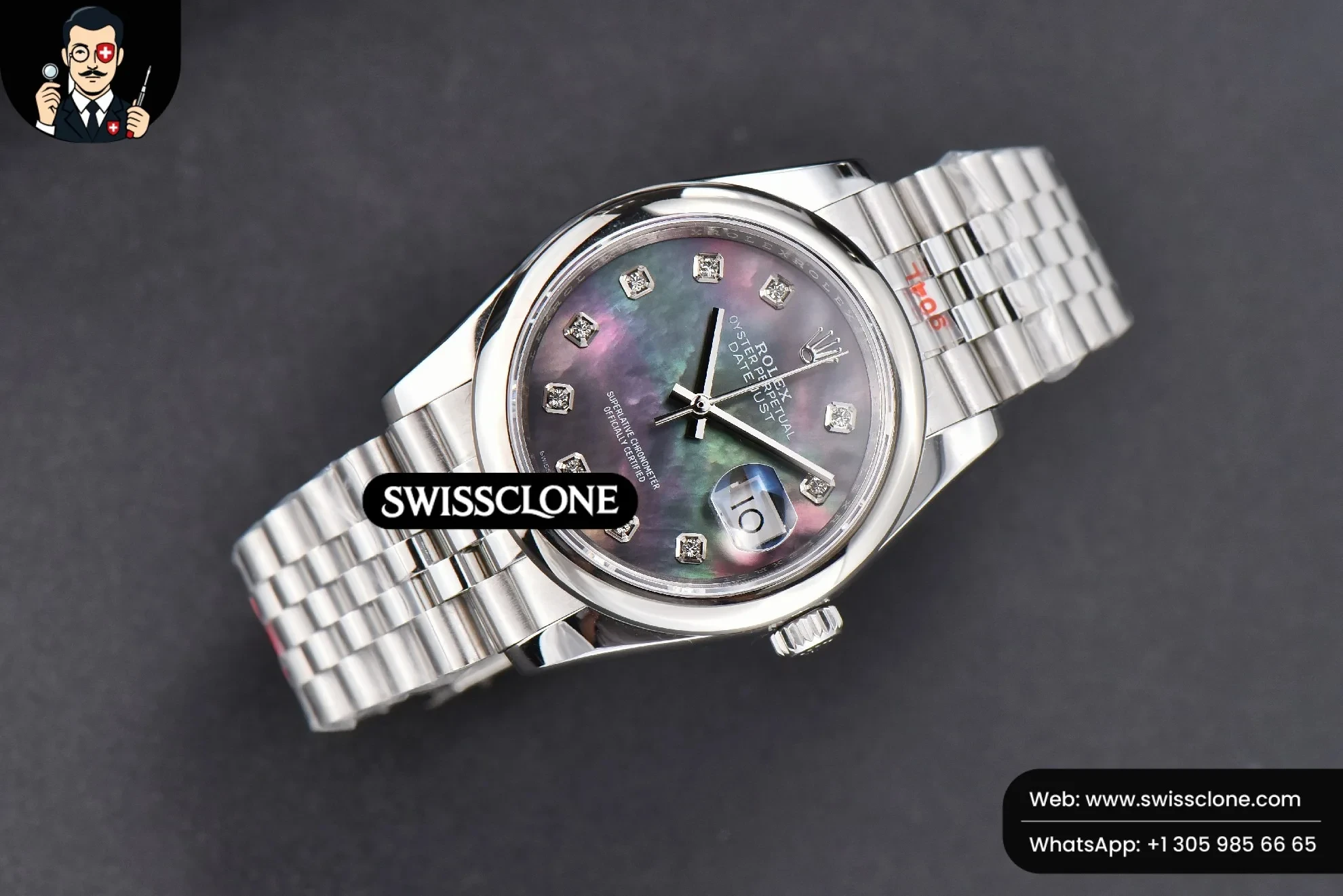 Rolex DateJust 36mm Smooth Bezel Gray MOP Dial Diamond Marker Jubilee VR3235 1:1 Super Clone - Dial Macro Close-Up