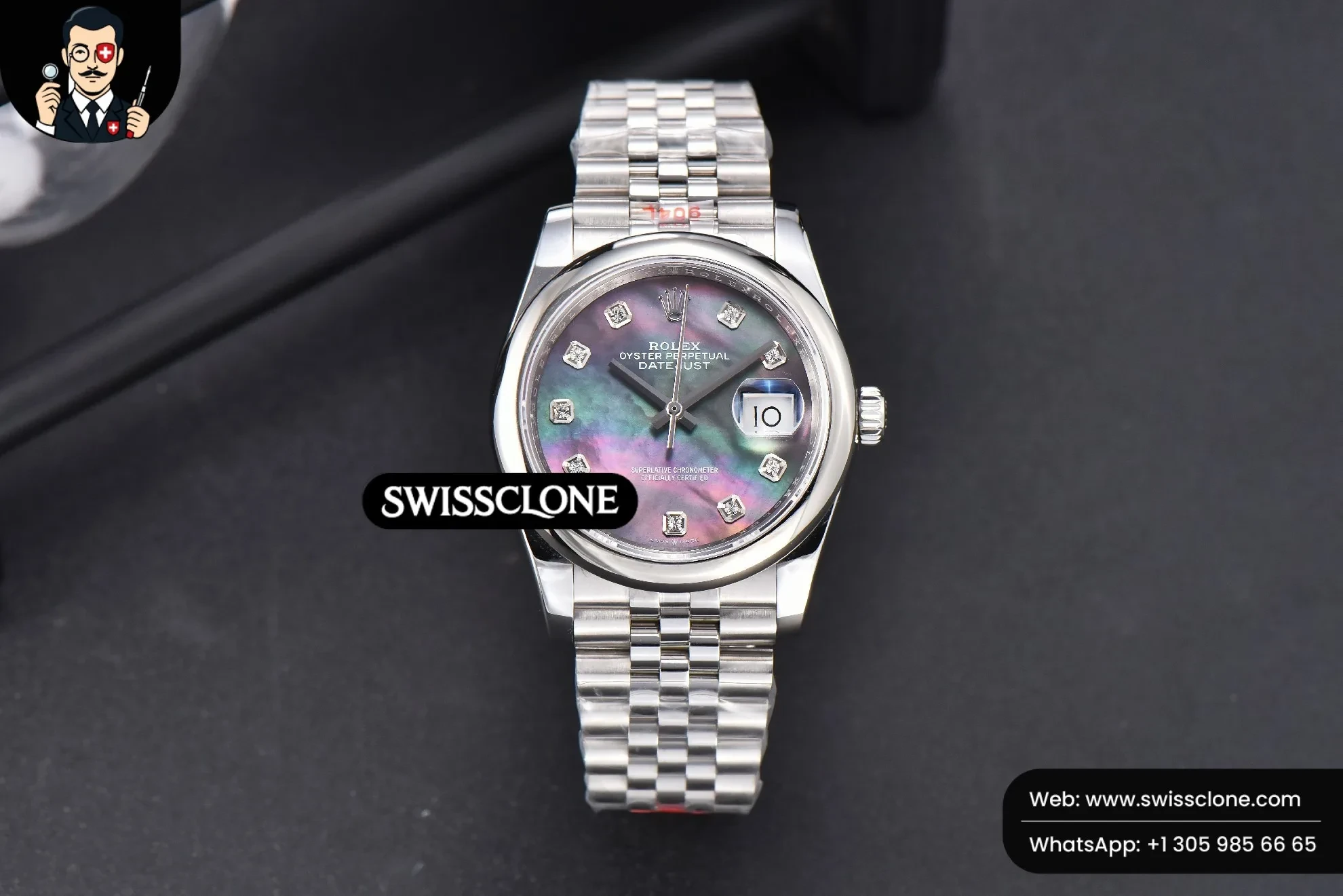 Rolex DateJust 36mm Smooth Bezel Gray MOP Dial Diamond Marker Jubilee VR3235