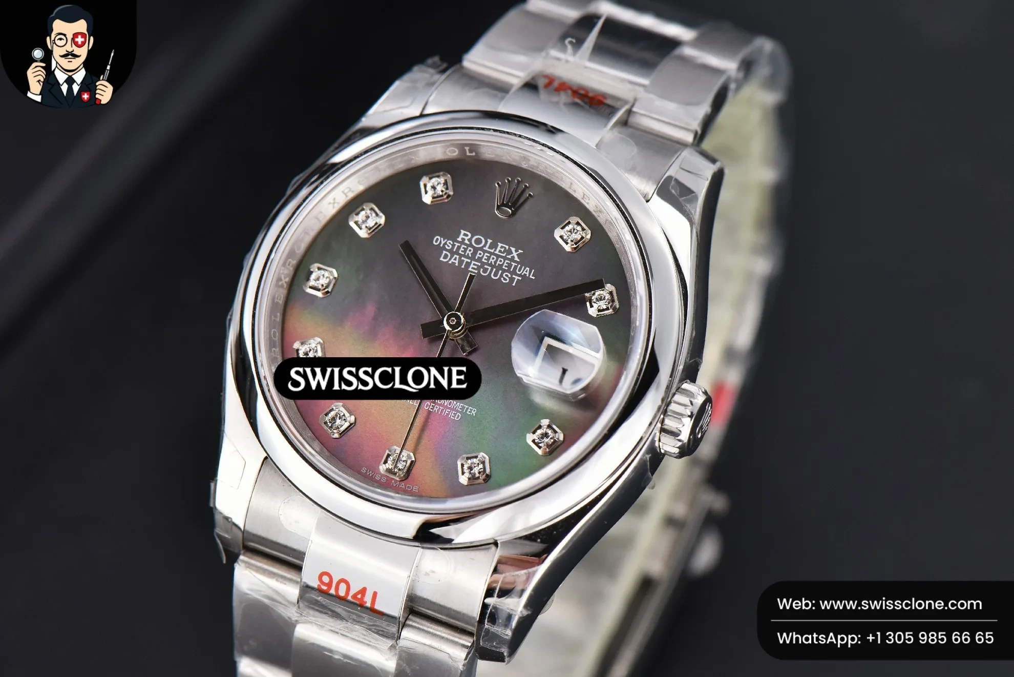 Rolex DateJust 36mm Smooth Bezel Gray MOP Dial Diamond Marker Oyster VR3235 1:1 Super Clone - Bezel & Case Profile