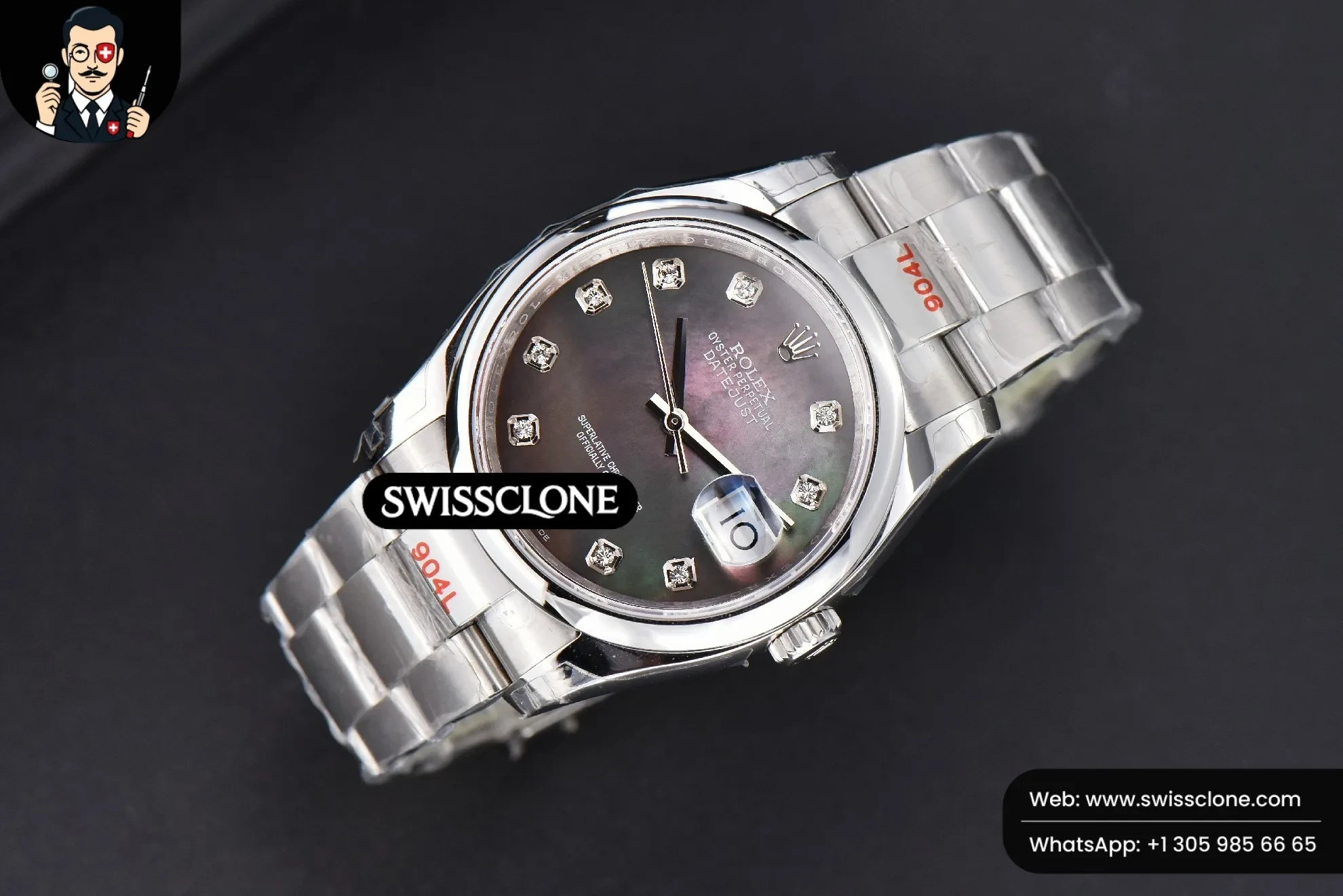 Rolex DateJust 36mm Smooth Bezel Gray MOP Dial Diamond Marker Oyster VR3235 1:1 Super Clone - Dial Macro Close-Up