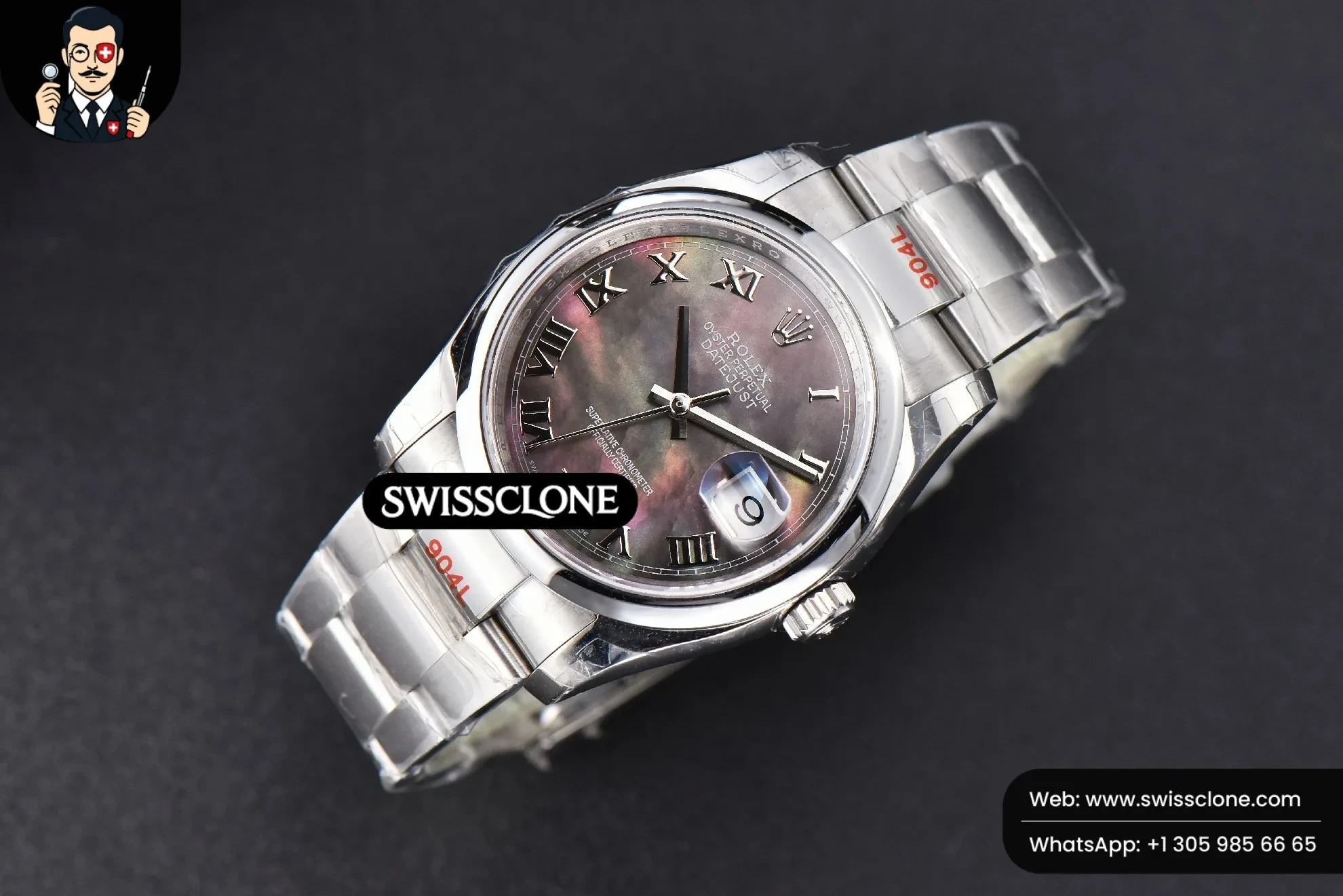 Rolex DateJust 36mm Smooth Bezel Gray MOP Dial Roma Marker Oyster VR3235 1:1 Super Clone - Dial Macro Close-Up