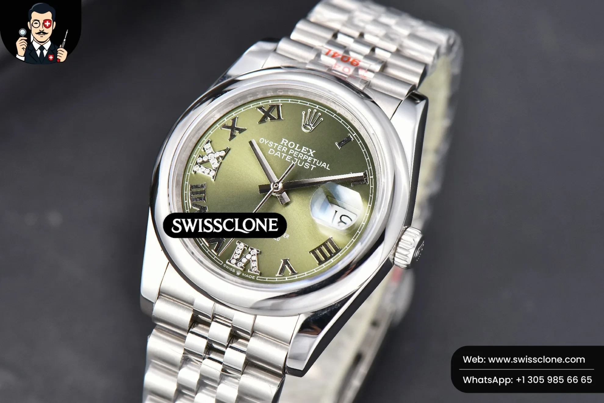 Rolex DateJust 36mm Smooth Bezel Green Dial Diamond Roma Marker Jubilee VR3235 1:1 Super Clone - Dial Macro Close-Up