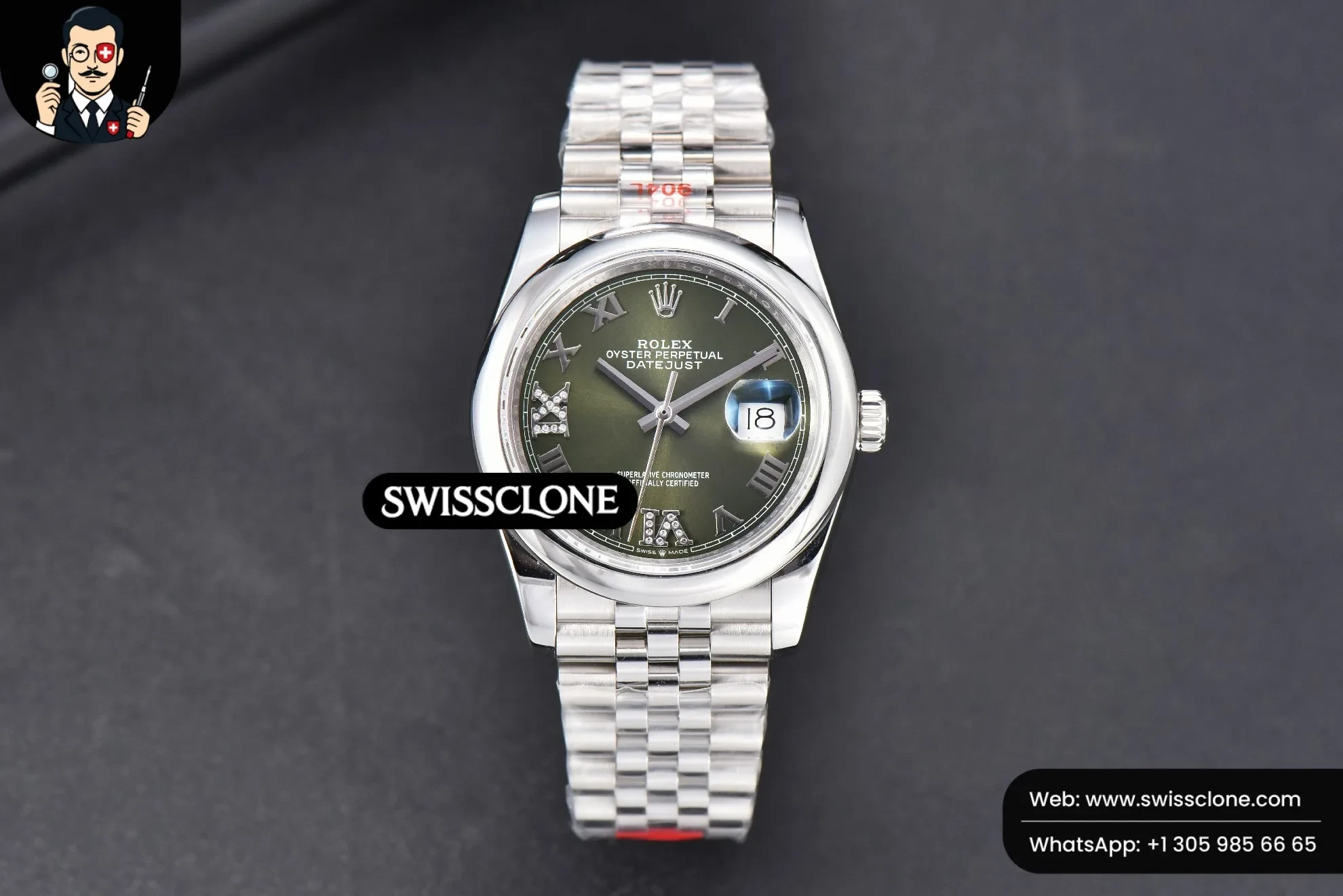 Rolex DateJust 36mm Smooth Bezel Green Dial Diamond Roma Marker Jubilee VR3235