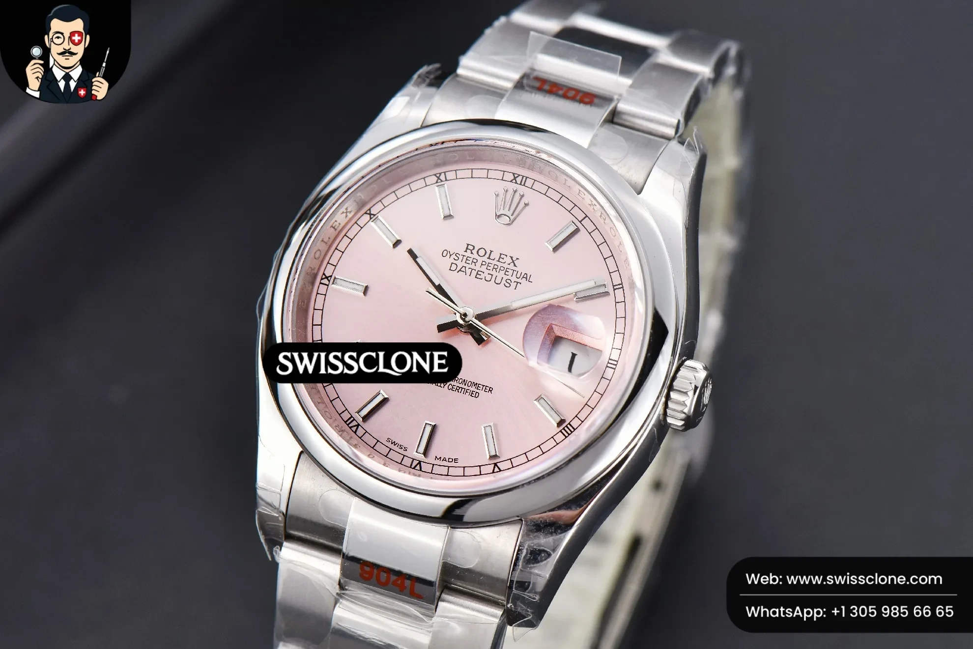 Rolex DateJust 36mm Smooth Bezel Pink Dial Lume Marker Oyster VR3235 1:1 Super Clone - Bezel & Case Profile