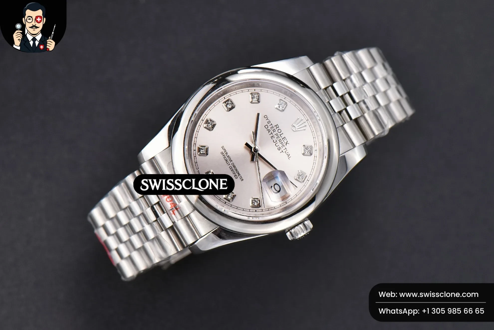 Rolex DateJust 36mm Smooth Bezel Silver Dial Diamond Marker Jubilee VR3235 1:1 Super Clone - Dial Macro Close-Up