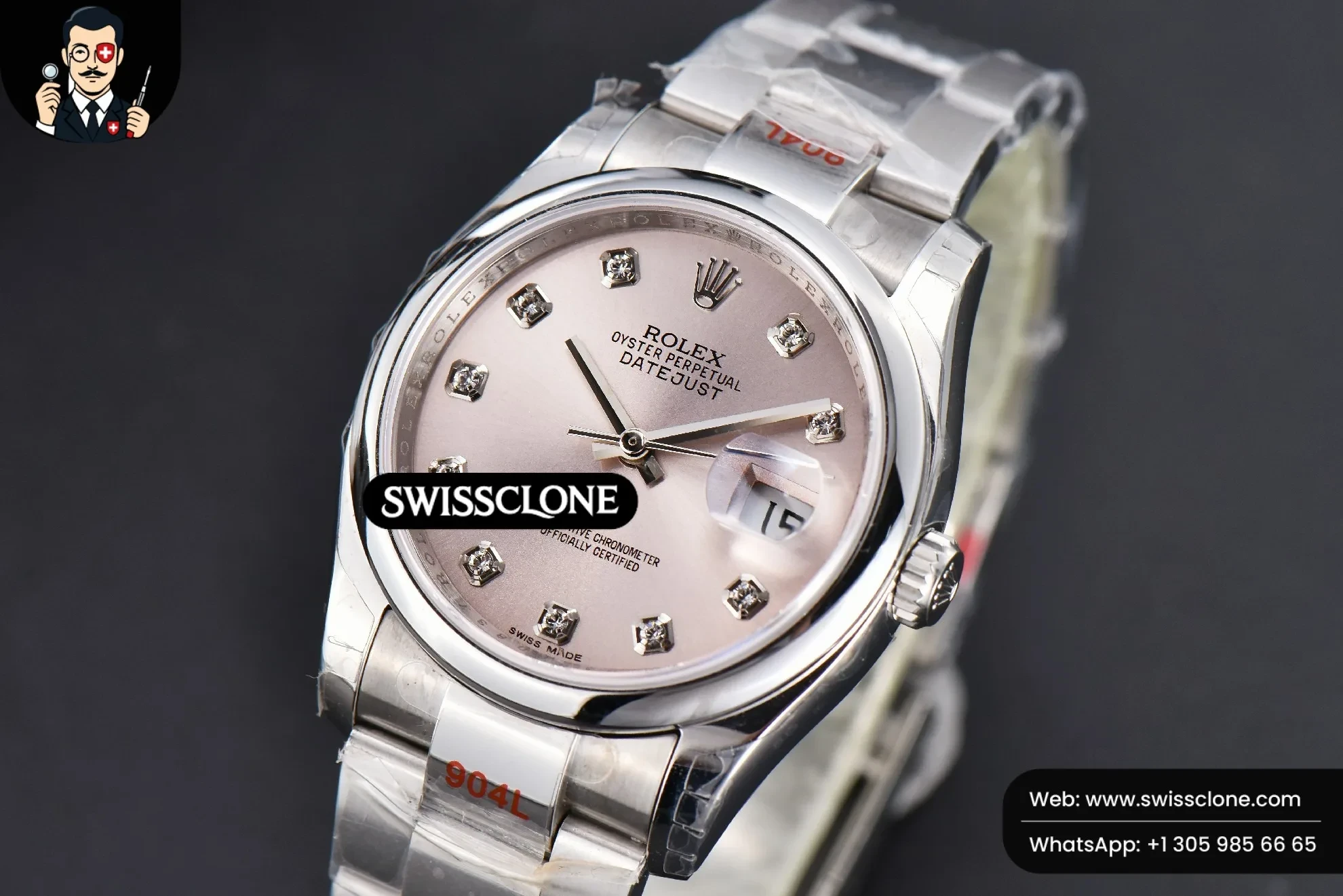 Rolex DateJust 36mm Smooth Bezel Silver Dial Diamond Marker Oyster VR3235 1:1 Super Clone - Dial Macro Close-Up