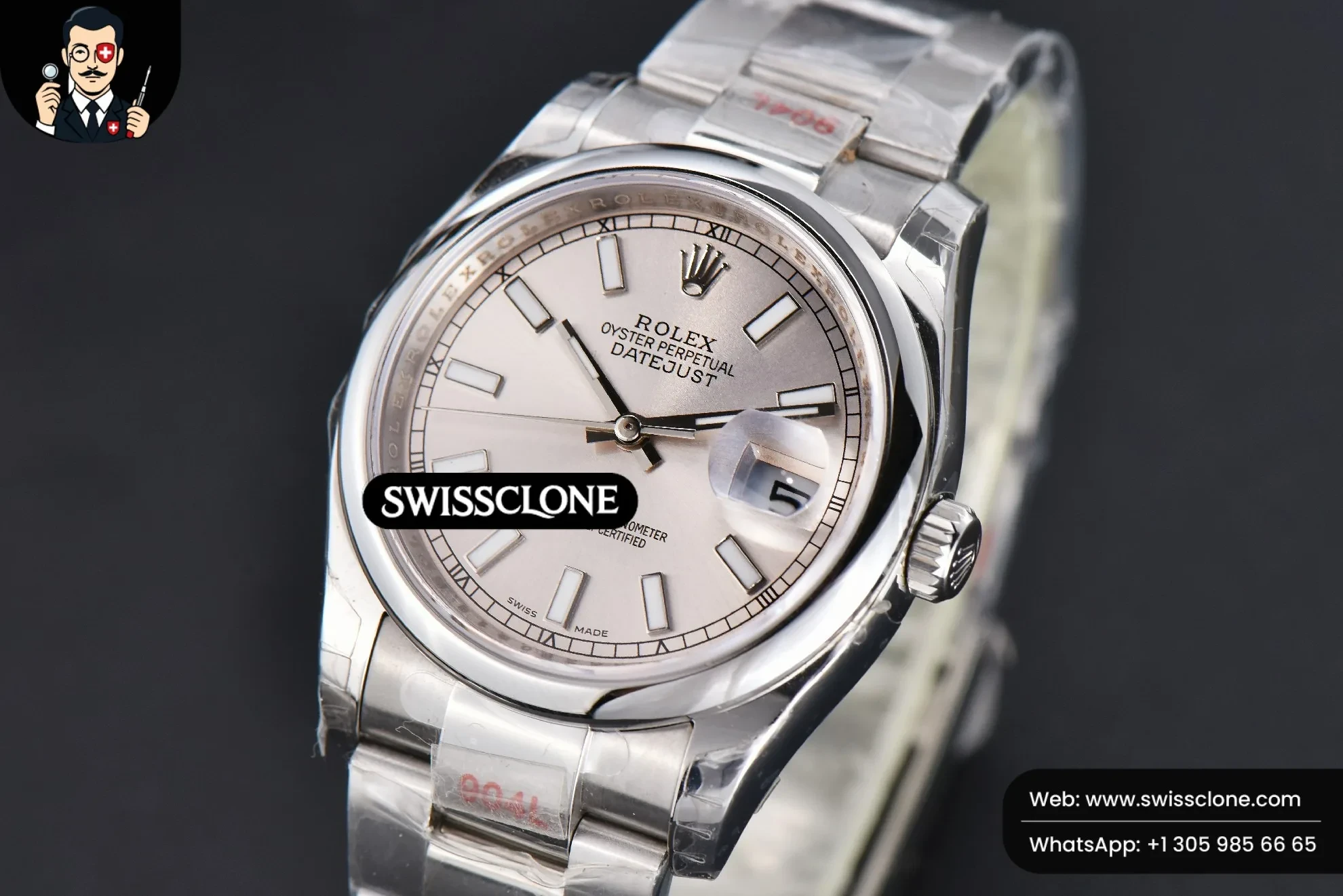 Rolex DateJust 36mm Smooth Bezel Silver Dial Lume Marker Oyster VR3235 (SW-28370) 1:1 Super Clone - Clasp & Bracelet Brushed Finishing