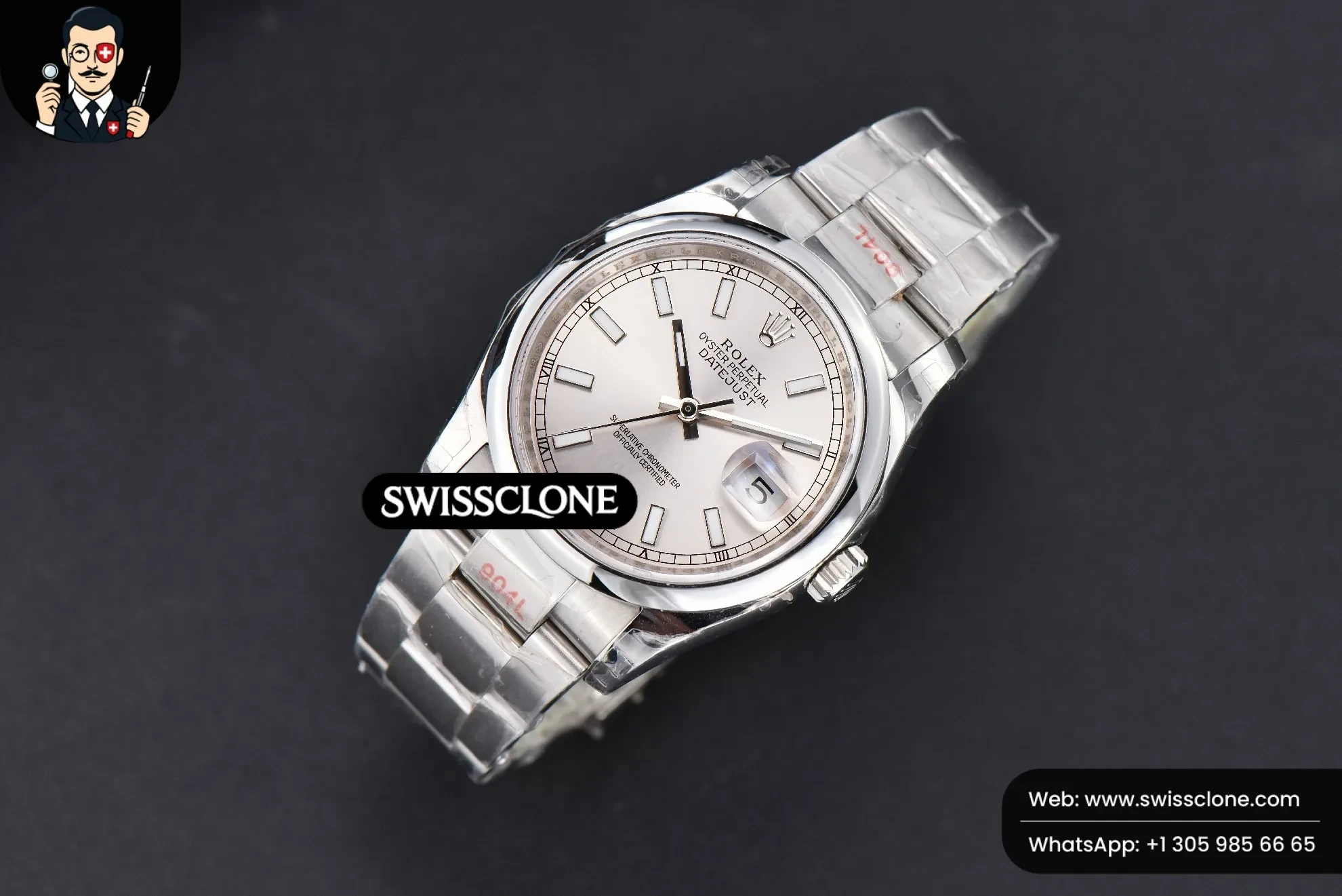 Rolex DateJust 36mm Smooth Bezel Silver Dial Lume Marker Oyster VR3235 (SW-28370) 1:1 Super Clone - Dial Macro & Hands Close-Up