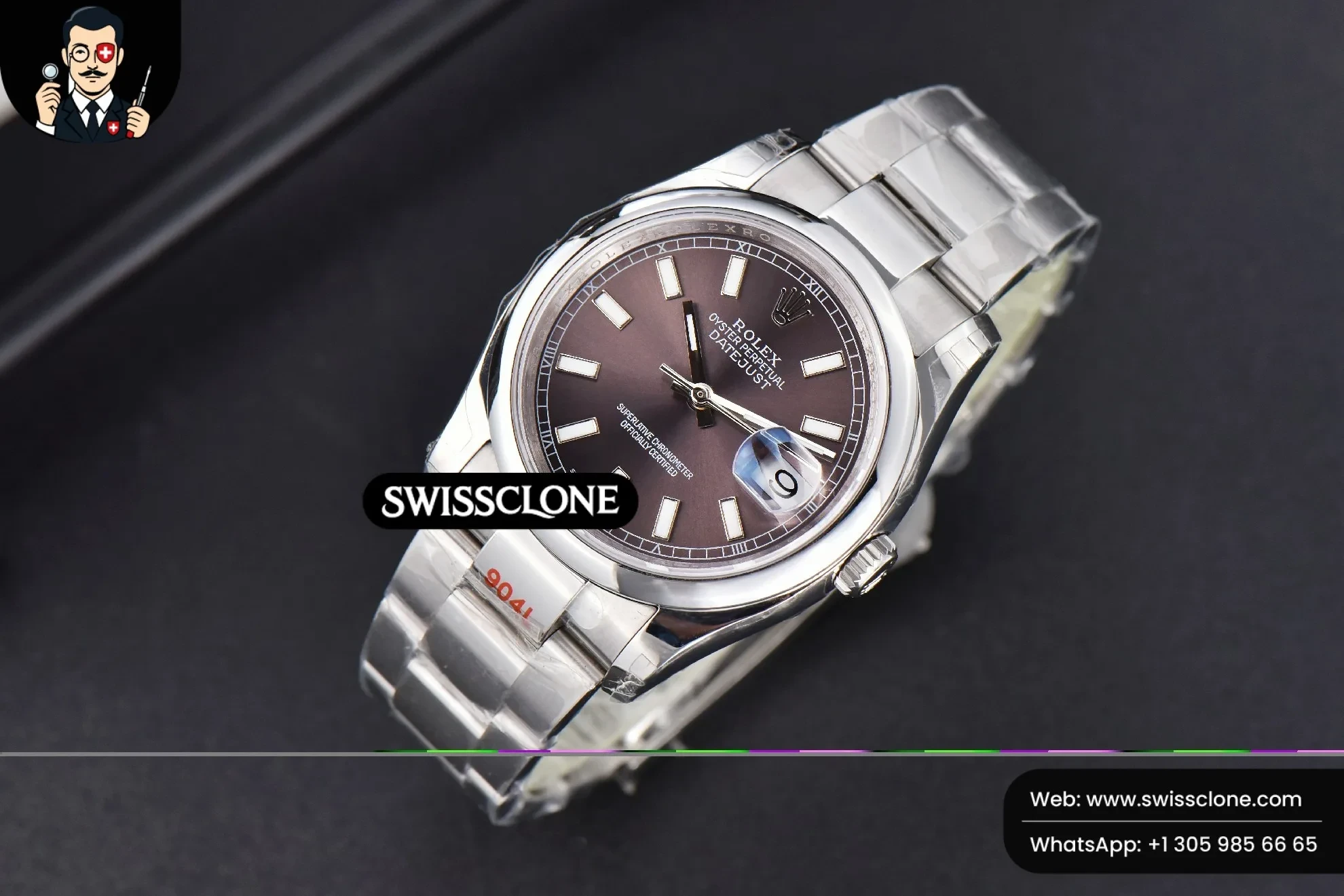 Rolex DateJust 36mm Smooth Bezel Silver Dial Lume Marker Oyster VR3235 1:1 Super Clone - Dial Macro Close-Up