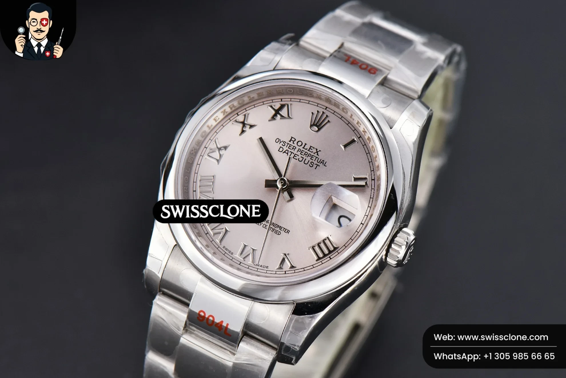 Rolex DateJust 36mm Smooth Bezel Silver Dial Roma Marker Oyster VR3235 (SW-28362) 1:1 Super Clone - Bezel & Lateral Case Profile