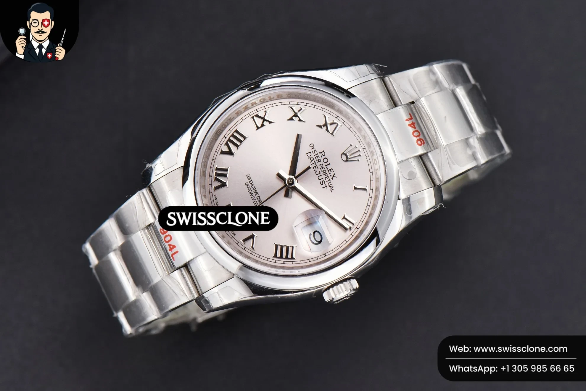 Rolex DateJust 36mm Smooth Bezel Silver Dial Roma Marker Oyster VR3235 (SW-28362) 1:1 Super Clone - Dial Macro & Hands Close-Up