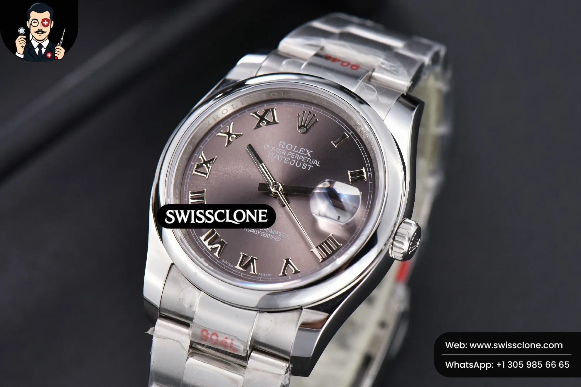 Rolex DateJust 36mm Smooth Bezel Silver Dial Roma Marker Oyster VR3235 1:1 Super Clone - Dial Macro Close-Up