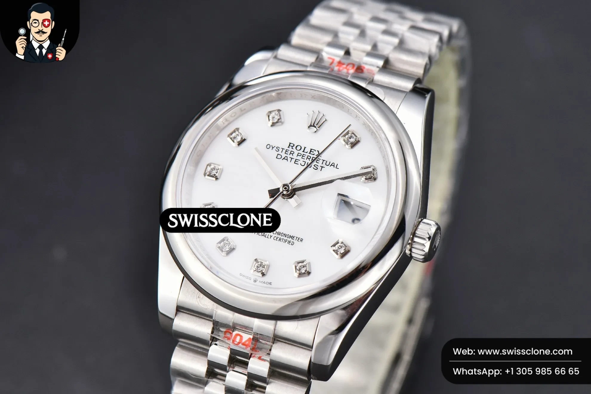 Rolex DateJust 36mm Smooth Bezel White Dial Diamond Marker Jubilee VR3235 1:1 Super Clone - Dial Macro Close-Up