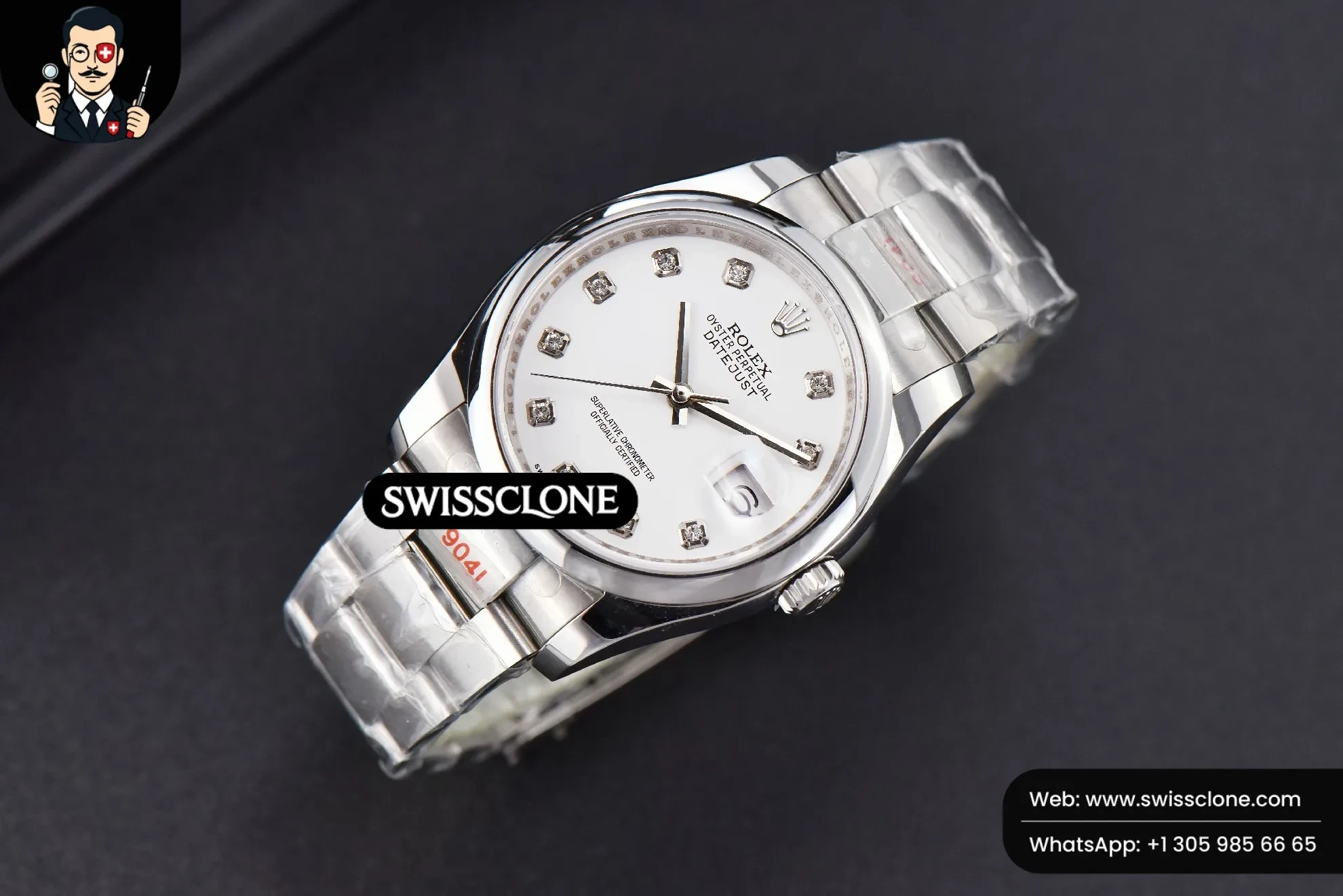 Rolex DateJust 36mm Smooth Bezel White Dial Diamond Marker Oyster VR3235 1:1 Super Clone - Dial Macro Close-Up