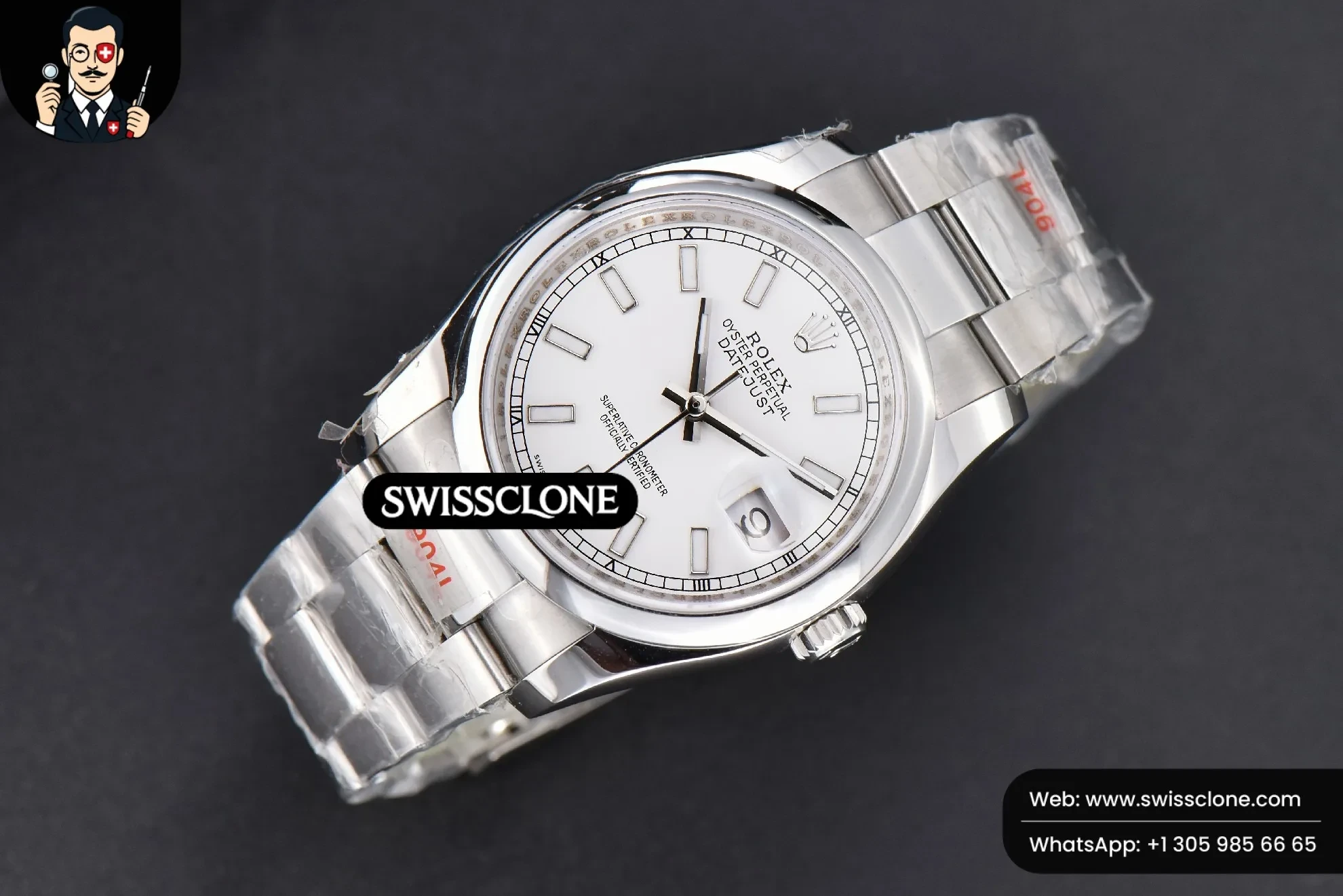 Rolex DateJust 36mm Smooth Bezel White Dial Lume Marker Oyster VR3235 1:1 Super Clone - Dial Macro Close-Up