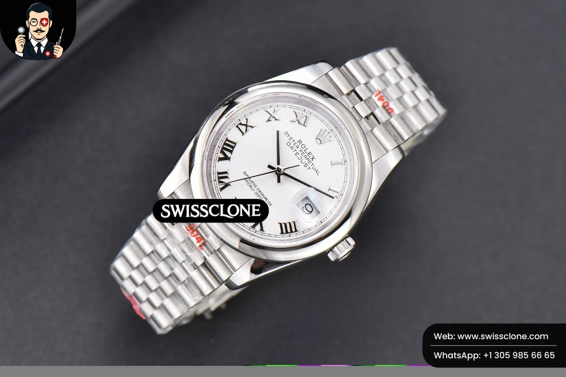 Rolex DateJust 36mm Smooth Bezel White Dial Roma Marker Jubilee VR3235 1:1 Super Clone - Dial Macro Close-Up