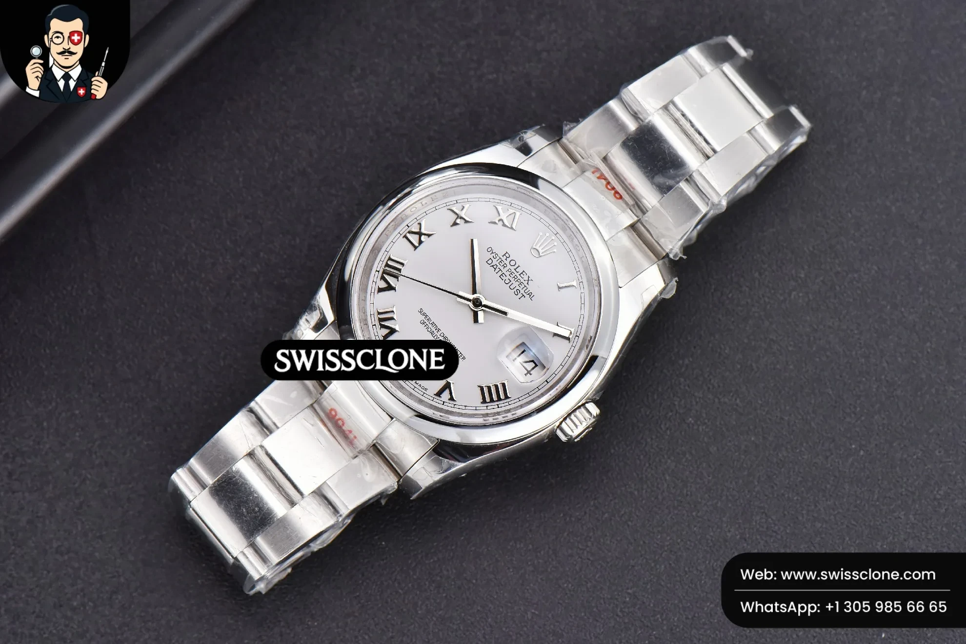 Rolex DateJust 36mm Smooth Bezel White Dial Roma Marker Oyster VR3235 1:1 Super Clone - Dial Macro Close-Up
