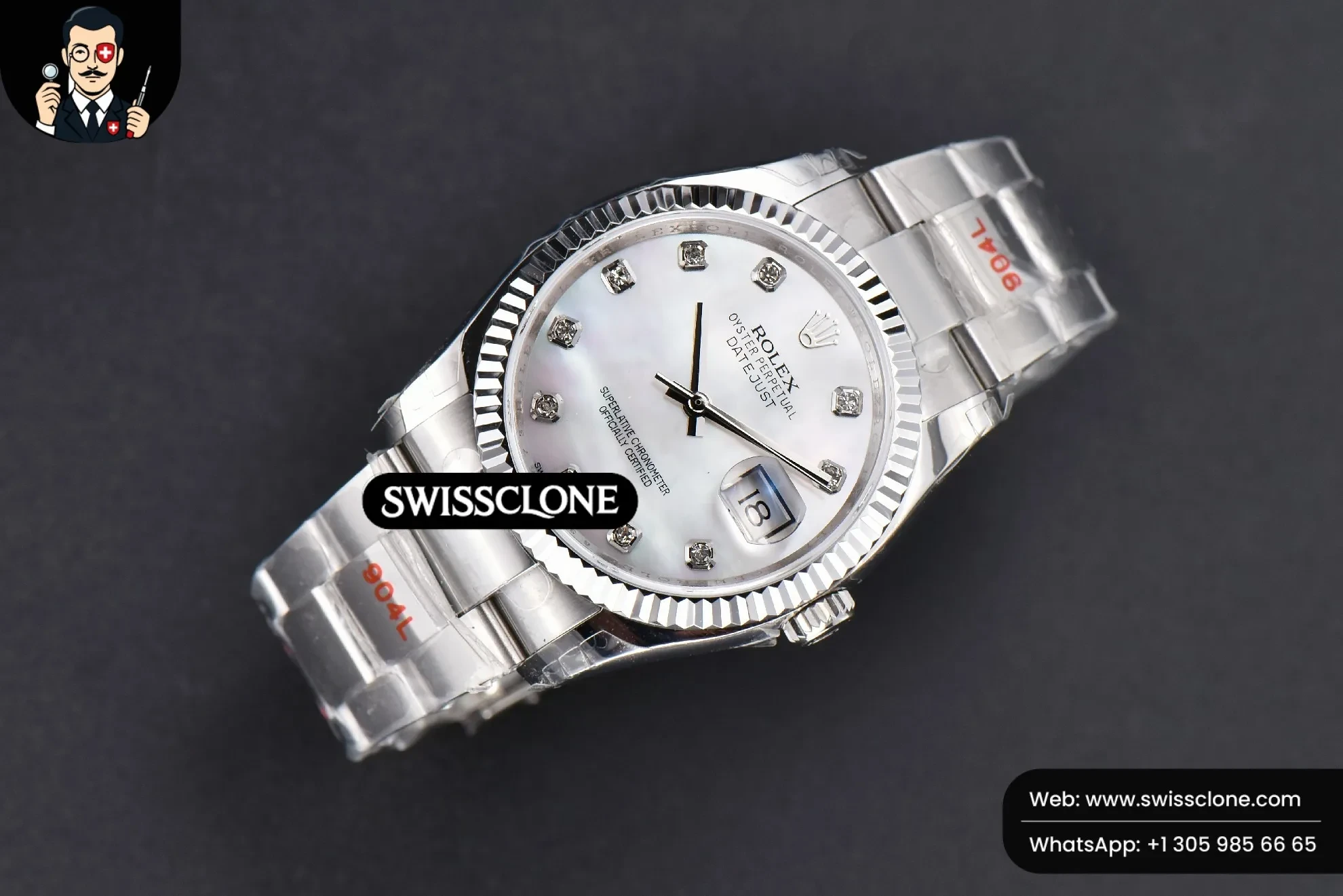 Rolex DateJust 36mm Smooth Bezel White MOP Dial Diamond Marker Oyster VR3235 1:1 Super Clone - Bezel & Case Profile