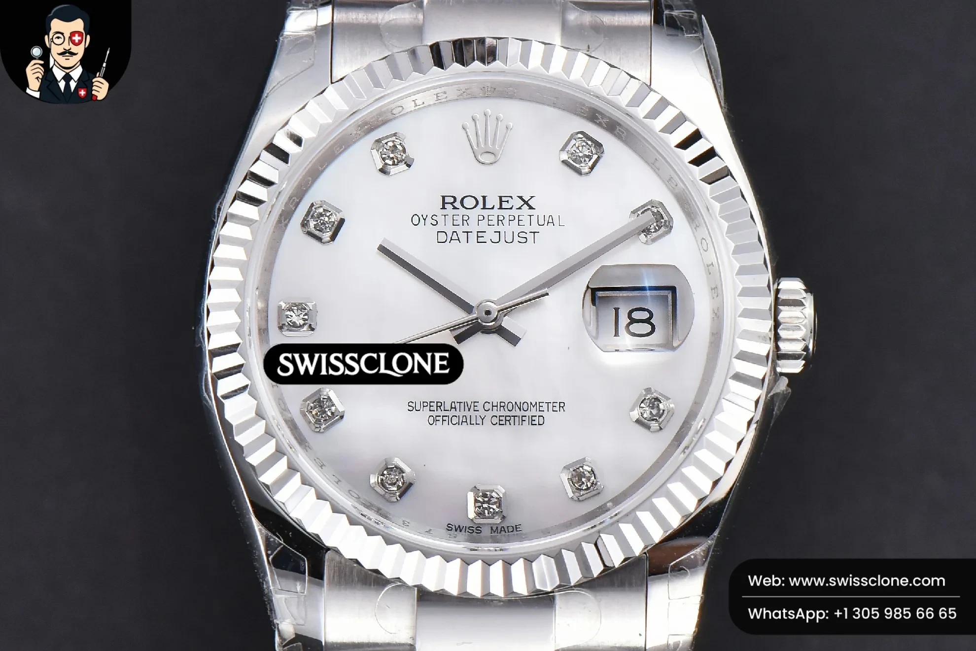 Rolex DateJust 36mm Smooth Bezel White MOP Dial Diamond Marker Oyster VR3235 1:1 Super Clone - Dial Macro Close-Up