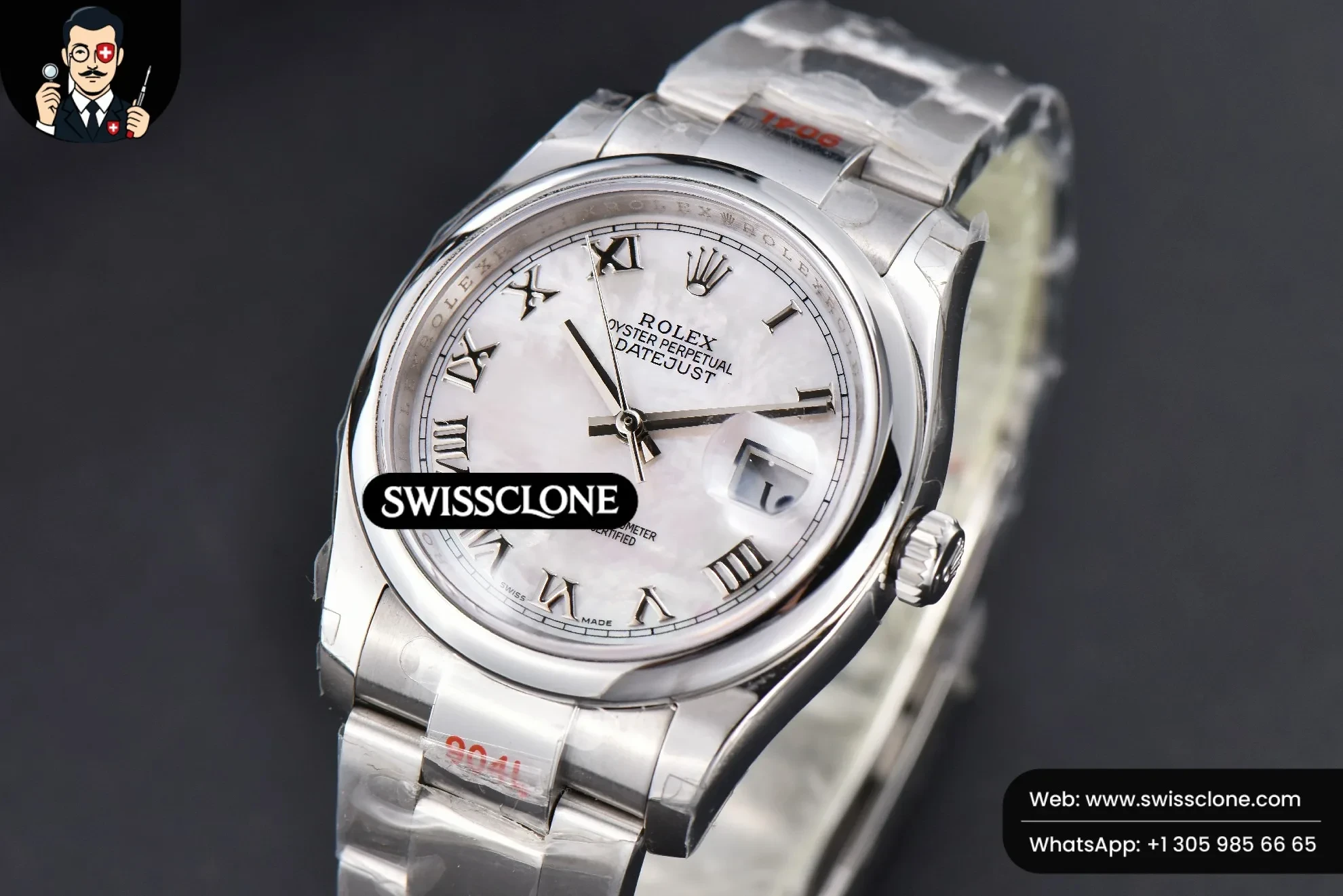 Rolex DateJust 36mm Smooth Bezel White MOP Dial Roma Marker Oyster VR3235 1:1 Super Clone - Bezel & Case Profile