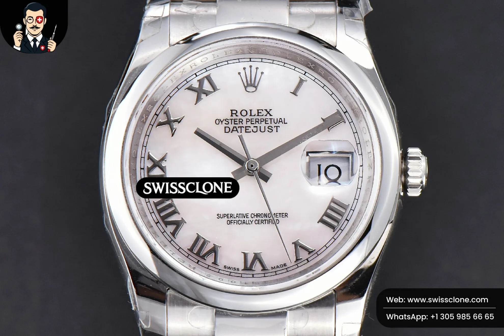 Rolex DateJust 36mm Smooth Bezel White MOP Dial Roma Marker Oyster VR3235 1:1 Super Clone - Dial Macro Close-Up