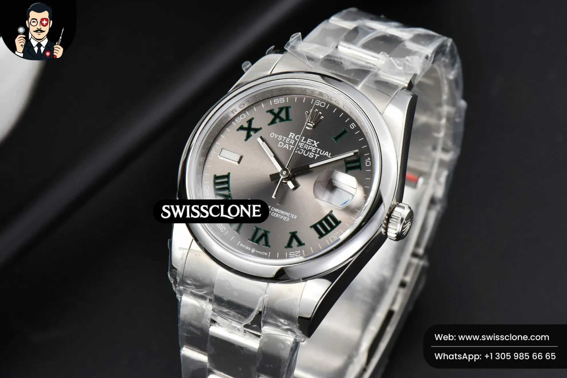 Rolex DateJust 36mm Smooth Wimbledon Gray Dial Green Roma Marker Oyster 1:1 Super Clone - Bezel & Case Profile